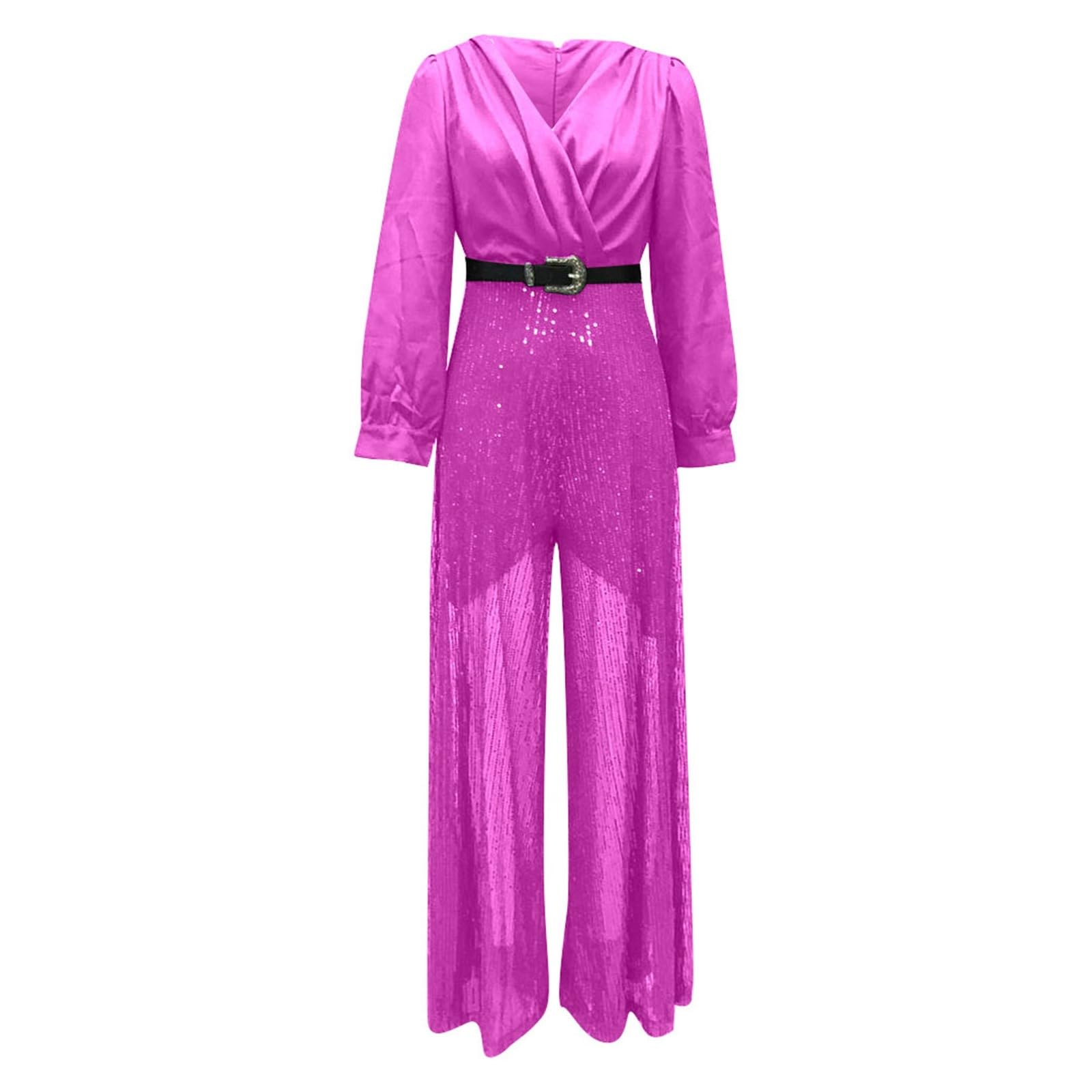 Genérico Monos De Vestir Mujer - Elegante Mono Cuello en V Mangas Largas Estilo Cintura Pierna Ancha Lentejuelas Ideal Nocturnas Casual