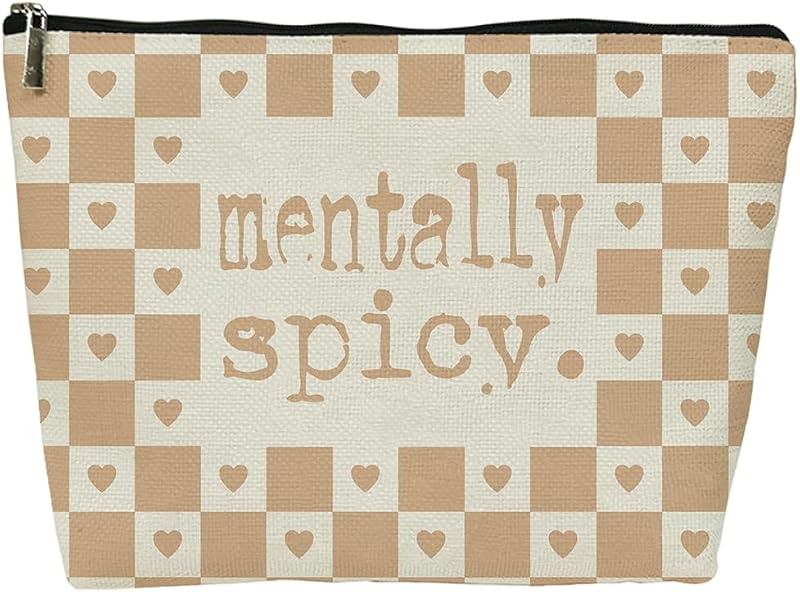 Necessaire de maquiagem Nihilform com estampa xadrez e corações, Khaki Brown Humor Funny-12, 20,07 cm x 17,78 cm x 0,76 cm
