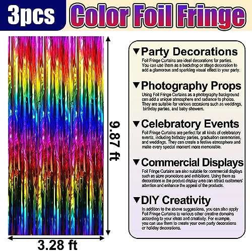 Image of 3 Pack Rainbow Foil Fringe Curtain Backdrop, 3.28Ft x 9.8Ft Metallic Tinsel Foil Fringe Streamer Curtains for Photo Booth, Christmas Day, Thanksgiving, Wedding, New Year Party Decorations