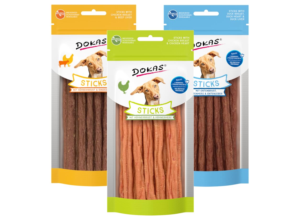 Dokas Dog Snack Sticks 3 x 60g Bundle | Hühnerbrust & Hühnerherz | Entenbrust, Entenherz & Entenleber | Hühnerbrust & Rinderleber | Getreidefrei, mit natürlichem Kollagen | Gelenkunterstützend