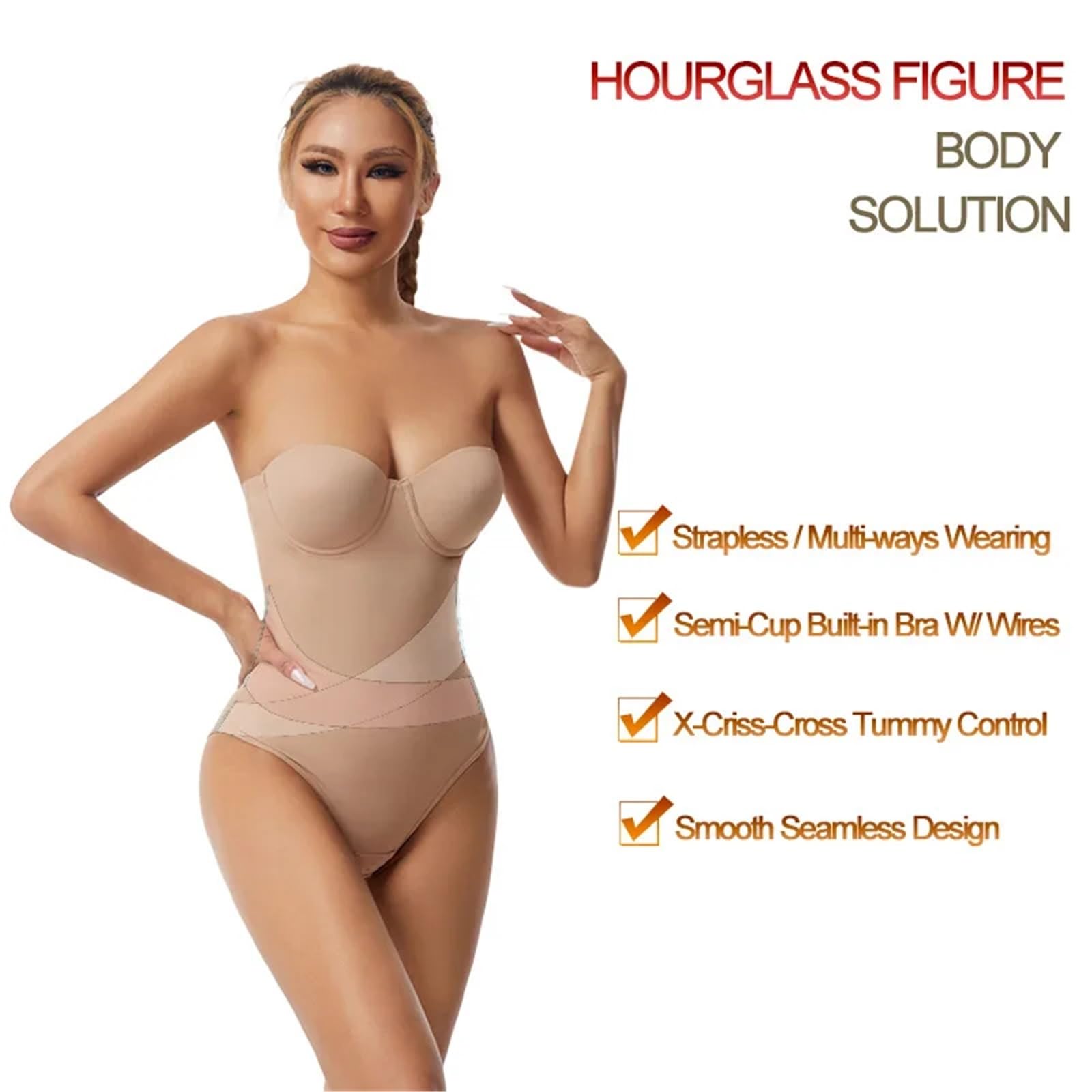 Faja Moldeadora de Verano de Talla Grande for Mujer, con Aros de Acero, Sujetador, Mono, Vestido, sin Tirantes, sin Costuras Adecuado para Fiestas, Trabajo, Bodas(Beige,M)