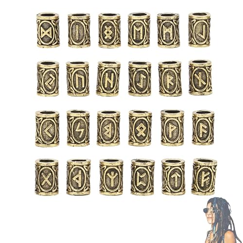 Qukaim 24 Pièces Perles Barbe Viking Bronze avec Runes, Perles Cheveux Homme Femme, Alliage de Zinc, Bijoux Tresse DIY pour Accessoires Tresses Barbe & Locks, Cadeau Passionné Viking (Bronze)
