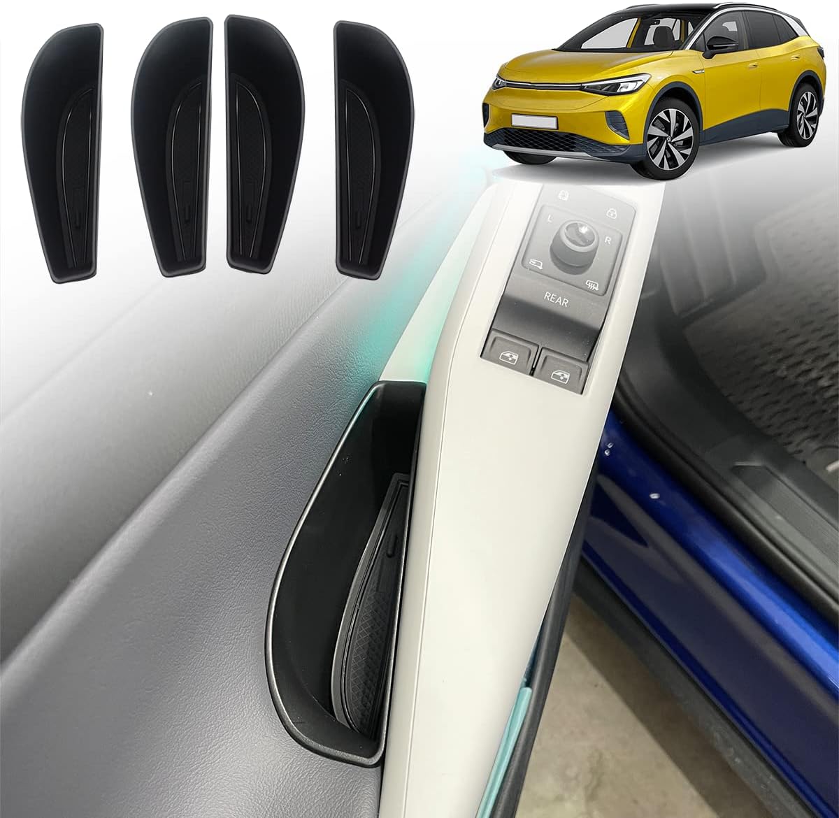 AOSKonology Compatible with 2021-2024 VW ID.4 Interior Accessories, ID.4 Door Side Storage Box Door Handle Armrest Tray Organizer (Front Door and Rear Door) Set of 4, Black