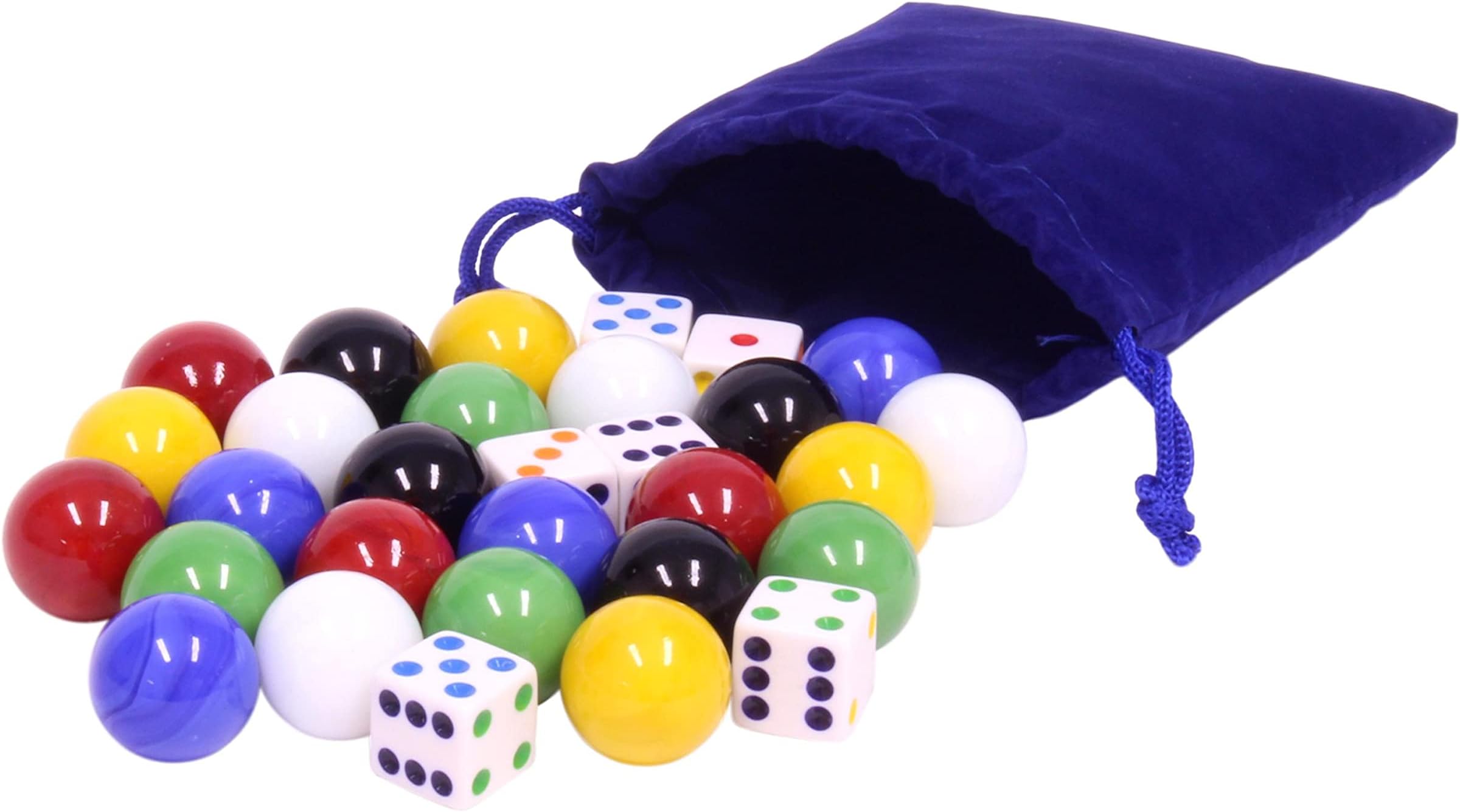 AmishToyBox.com 24 X-Large Glass Marbles (22mm Diameter) and 6 Dice in Cloth Drawstring Pouch