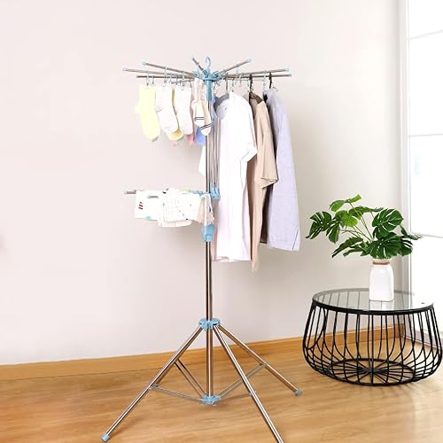 Miniatura 9 de Hershii Estante de secado de ropa plegable de 3 niveles para interiores y exteriores, soporte plegable para colgar ropa, ahorro de espacio con