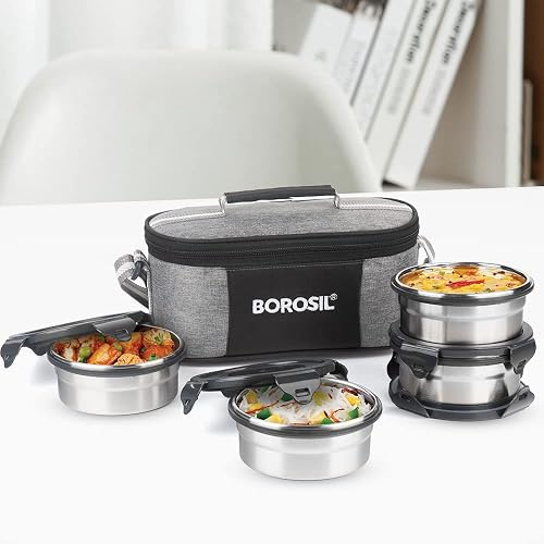Borosil Feast Stainless Steel Lunch Box | Set of 4 (400 ml Each) | Tiffin Box for Office, School & College (Round Container)