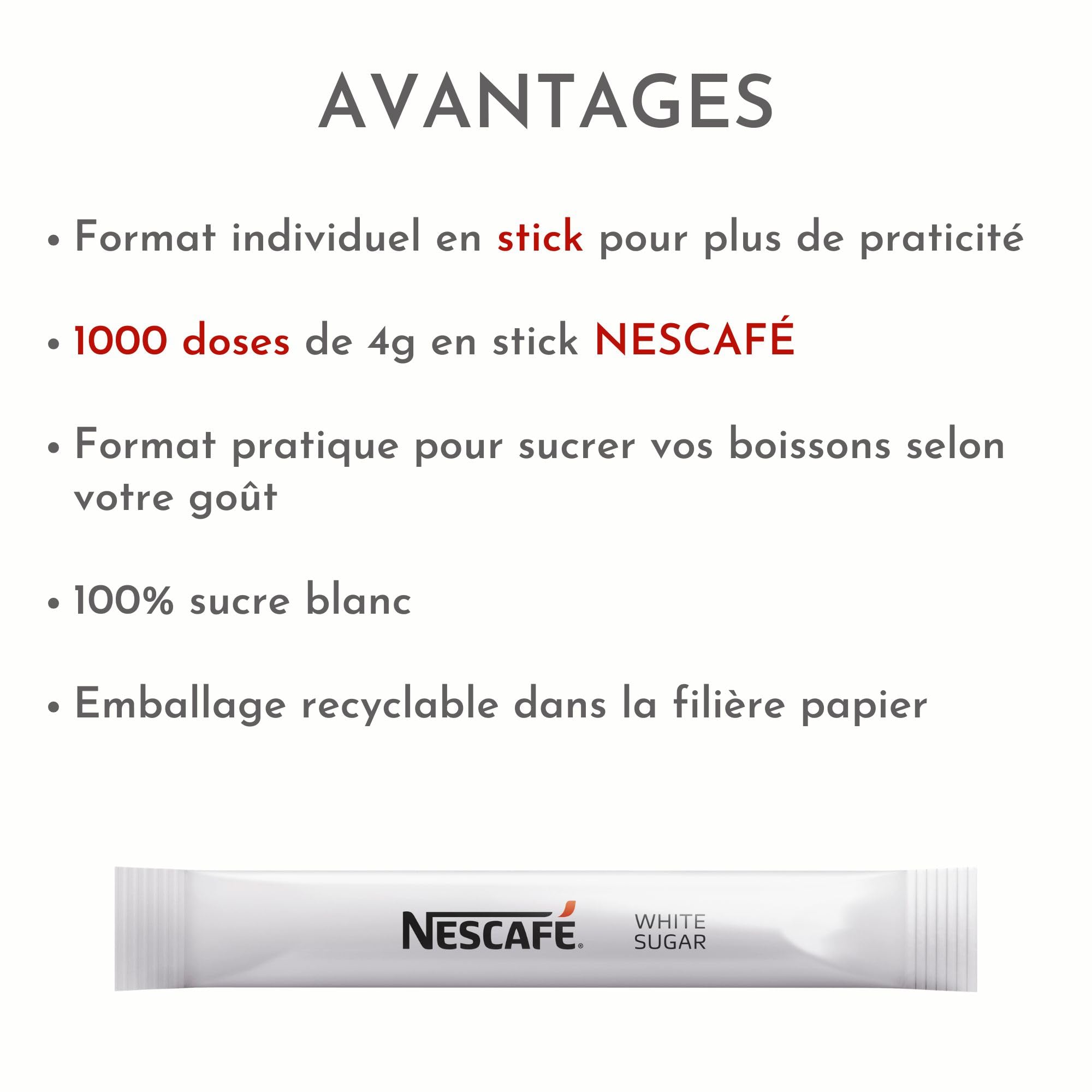 NESCAFÉ Sticks Sucre Blanc - Dose Individuelle 4g - Pause Café - Pour Sucrer Café, Thé, Chocolat Chaud - Carton de 1000 Dosettes de 4g - 4 kg