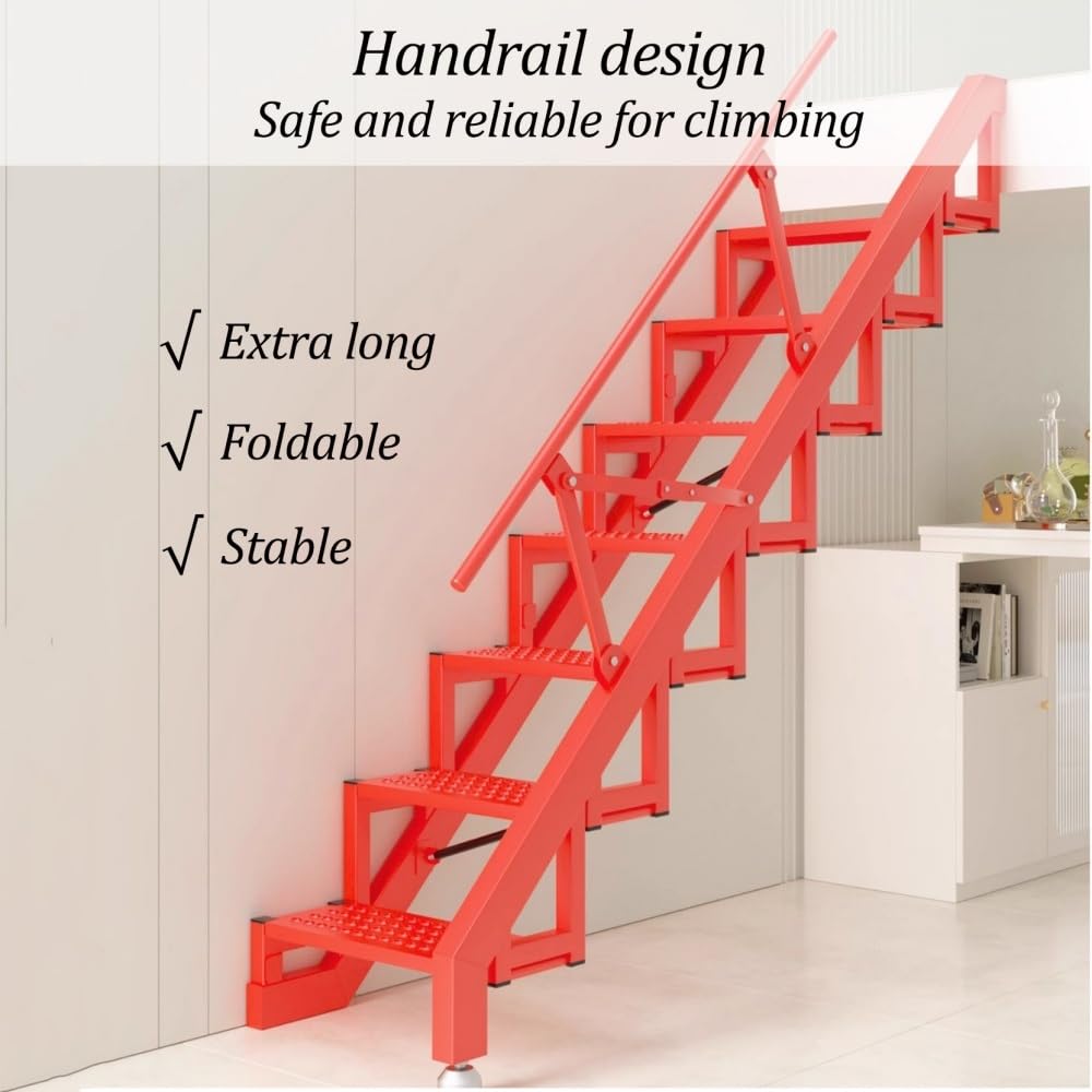 Scala retrattile pieghevole per soppalco, scala di emergenza per mansarda | Acciaio al carbonio, portata 150 kg, gradini larghi antiscivolo per dormitori camere da letto magazzini(Red,5 steps)