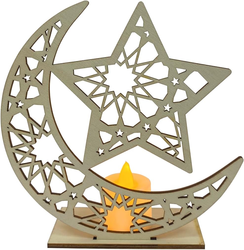 Eid Decorations for Home with LED Light – Carved Wood Star and Moon LED Candle Back-Light, Table Decor, and Home Decor for Eid and Ramadan Kareem