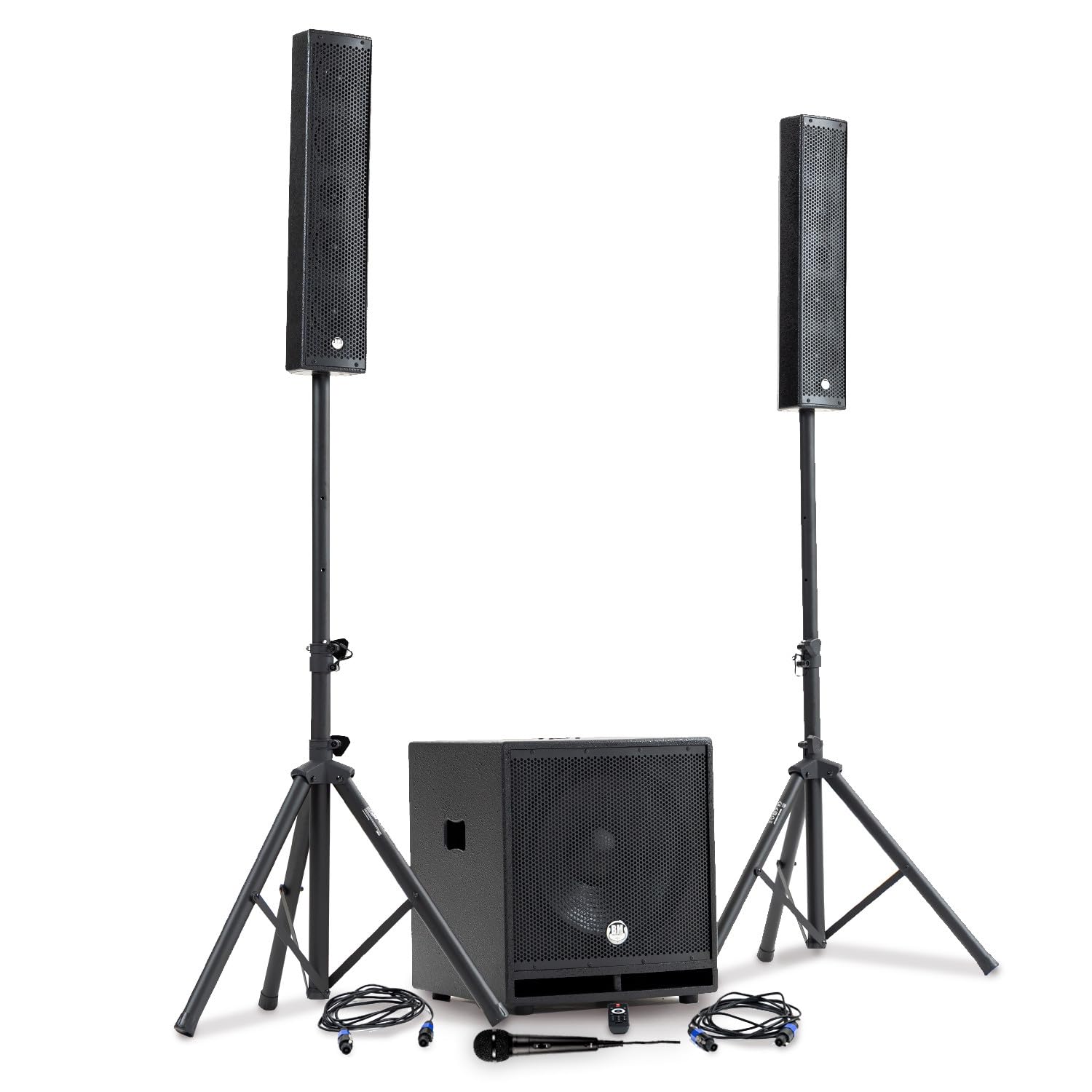 Pack Sono DJ Complet BM Bmsonic BMS-15-SLIM-BT, 1200W Enceintes Satellites, SUB 38cm USB/Bluetooth, Supports Câbles, Micro