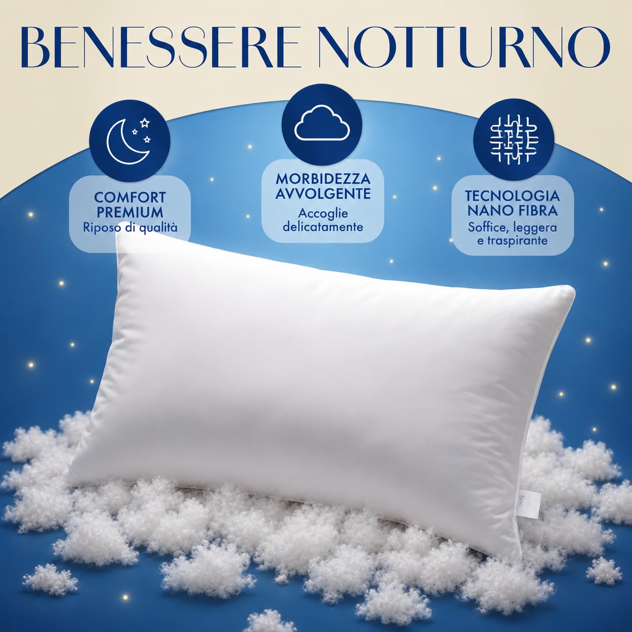 Cuscino Letto 40x70 cm in Nanofibra Ultrafine Effetto Piuma, Guanciale Morbido per Dormire in Cotone Naturale, Cuscino da Letto Antiacaro, Ergonomico e Traspirante Lavabile, Bianco