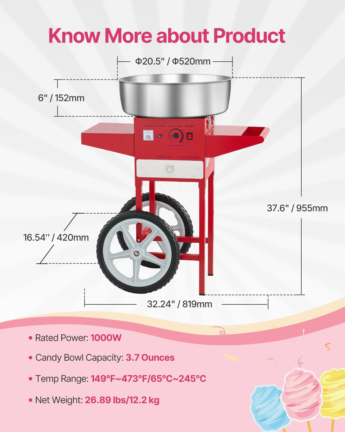 VEVOR Macchina Elettrica per Zucchero Filato con Carrello, Macchina per Zucchero Filato 1000 W con Ciotola in Acciaio Inox 52 cm, Misurino per Zucchero Cassetto, per Compleanni, Feste, Rosso