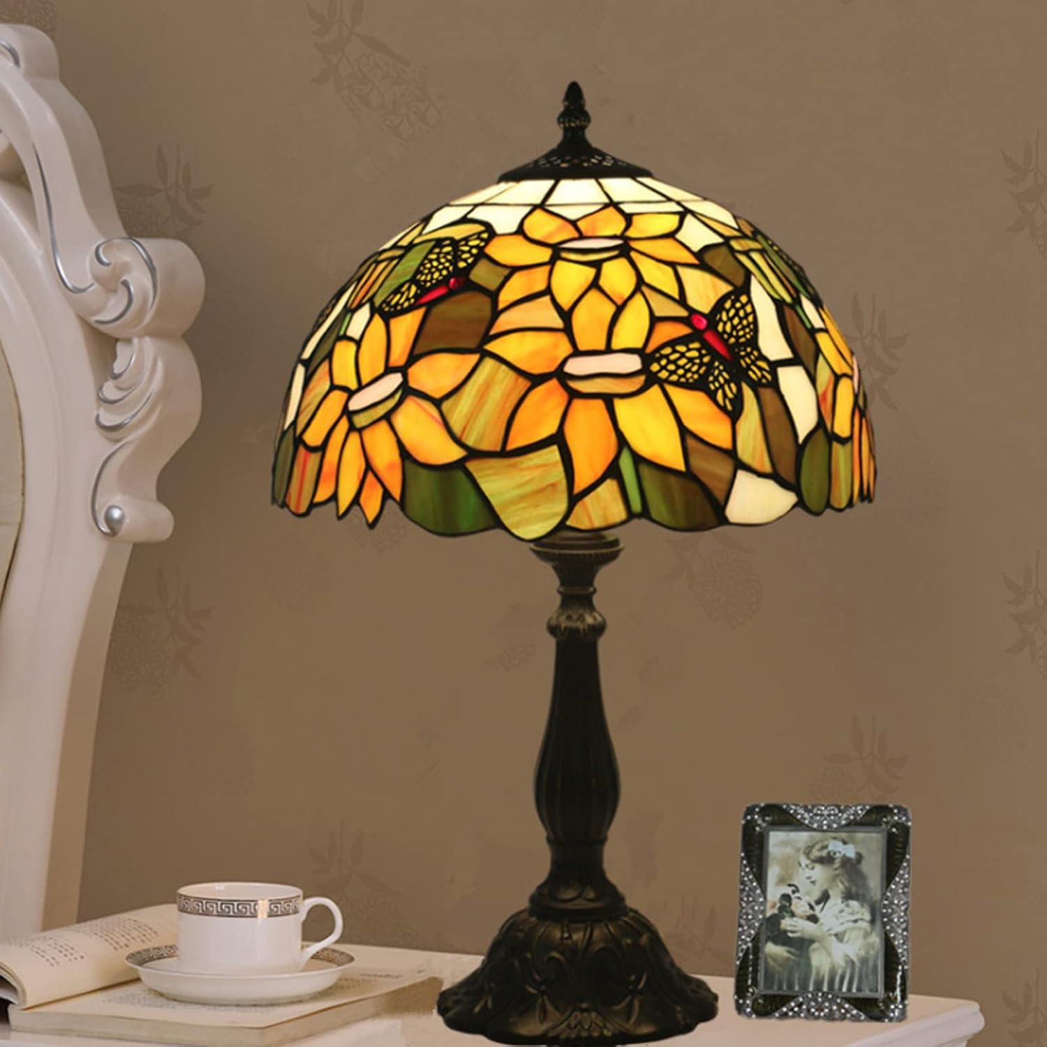 ティファニー調 インテリアスタンド ステンドグラスランプ 向日葵 蝶