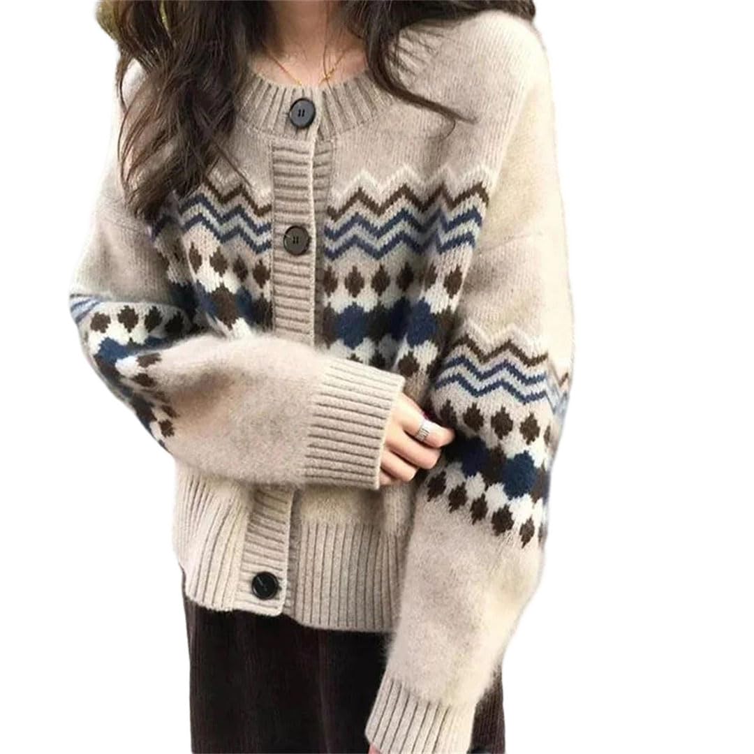 Women Winter Knit Cardigan Japanese Style Contrast Striped Soft Vintage O-Neck Buttons-Up Sweaters