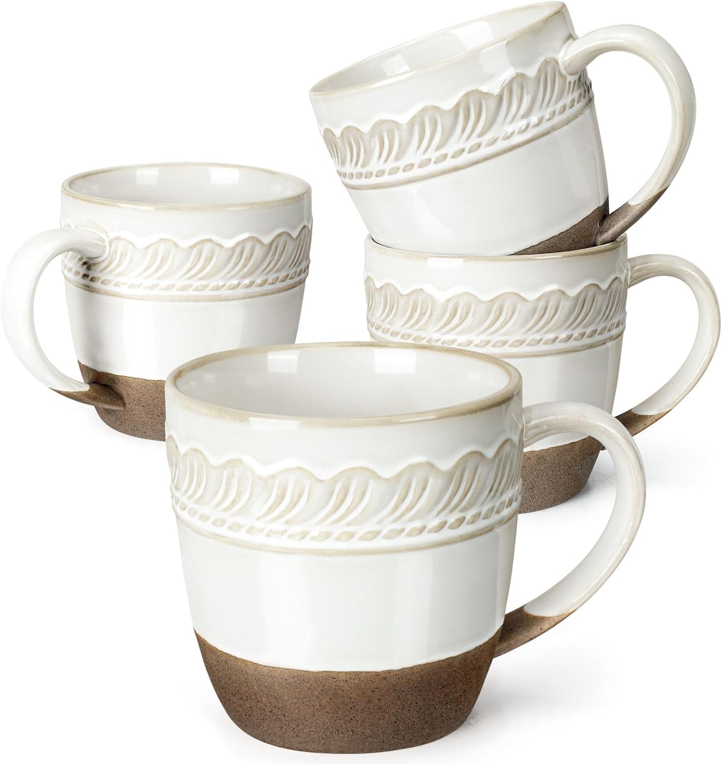 Artena Soup Bowls 32 OZ, Cereal Bowls Set of 4, White Embossment Ceramic Ramen Bowl for Salad, Ceramic Coffee Mugs Set of 4, 16oz Embossed Large Latte Mugs Coffee Cups with Handle for Tea