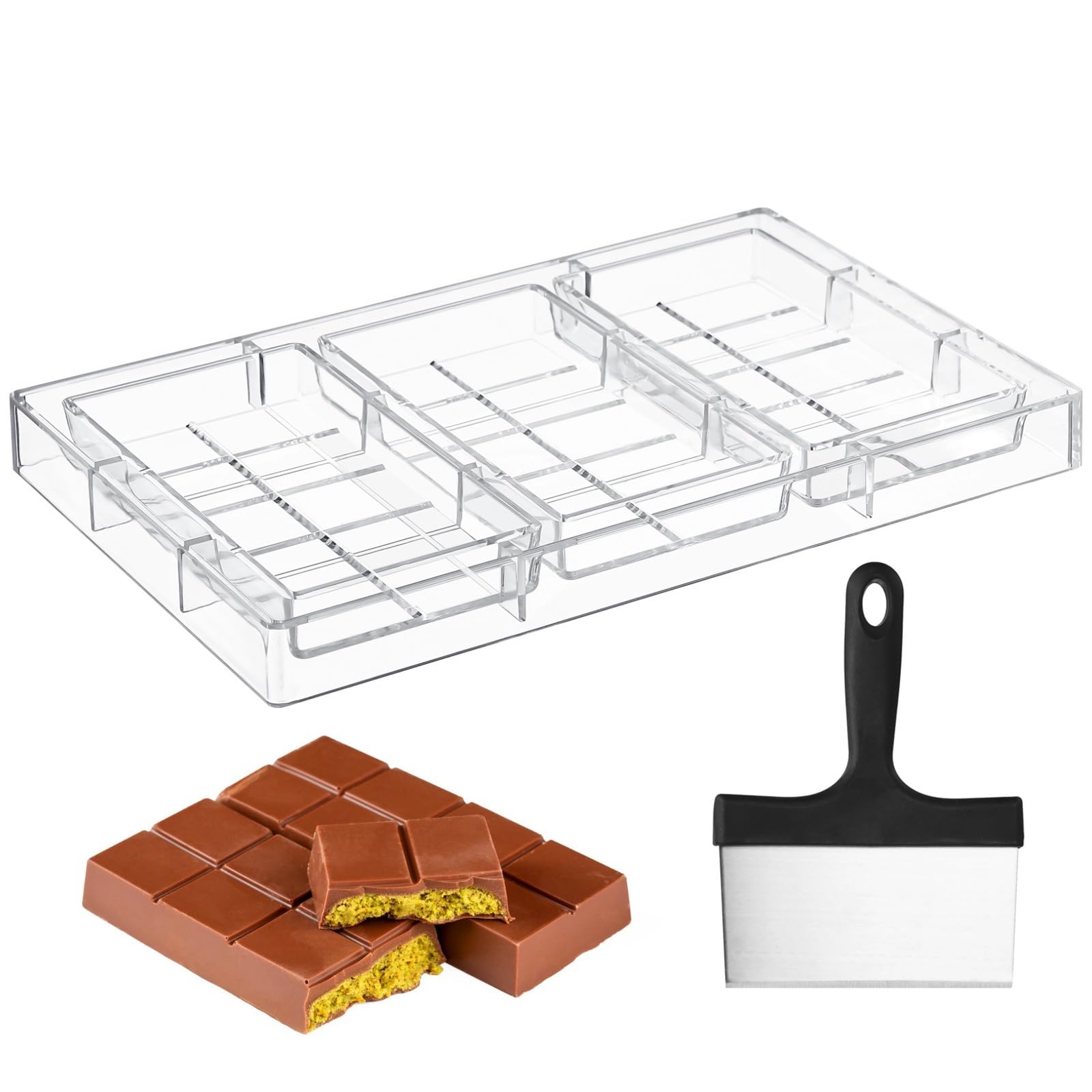 Chocolate Mold for Dubai Chocolates, 3-Cavity Deep Filled PS Mold with Spatula, Break Apart Chocolate Bar Molds, Nonstick Easy Release Candy Molds for Energy Bar, Soap