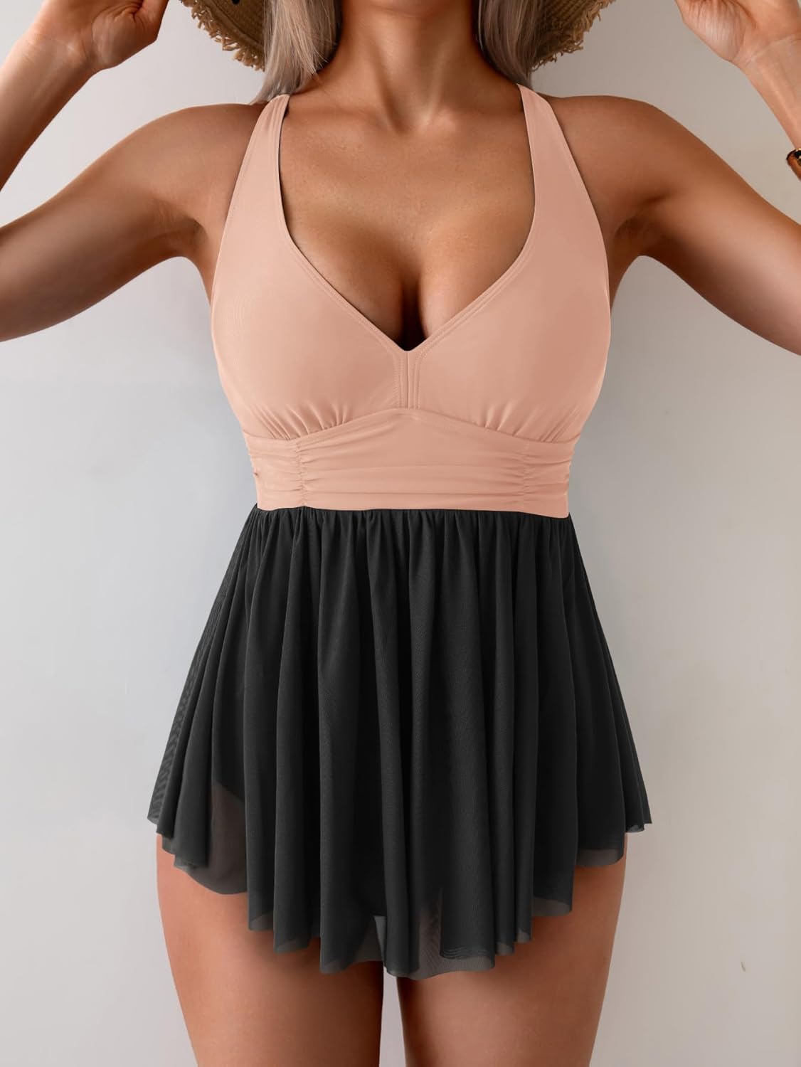Aidonger Women's One Piece Swim Dress Swimsuit Tummy Control Mesh Swimdress V Neck Bathing Suit Skirt Tie Back Swimwear