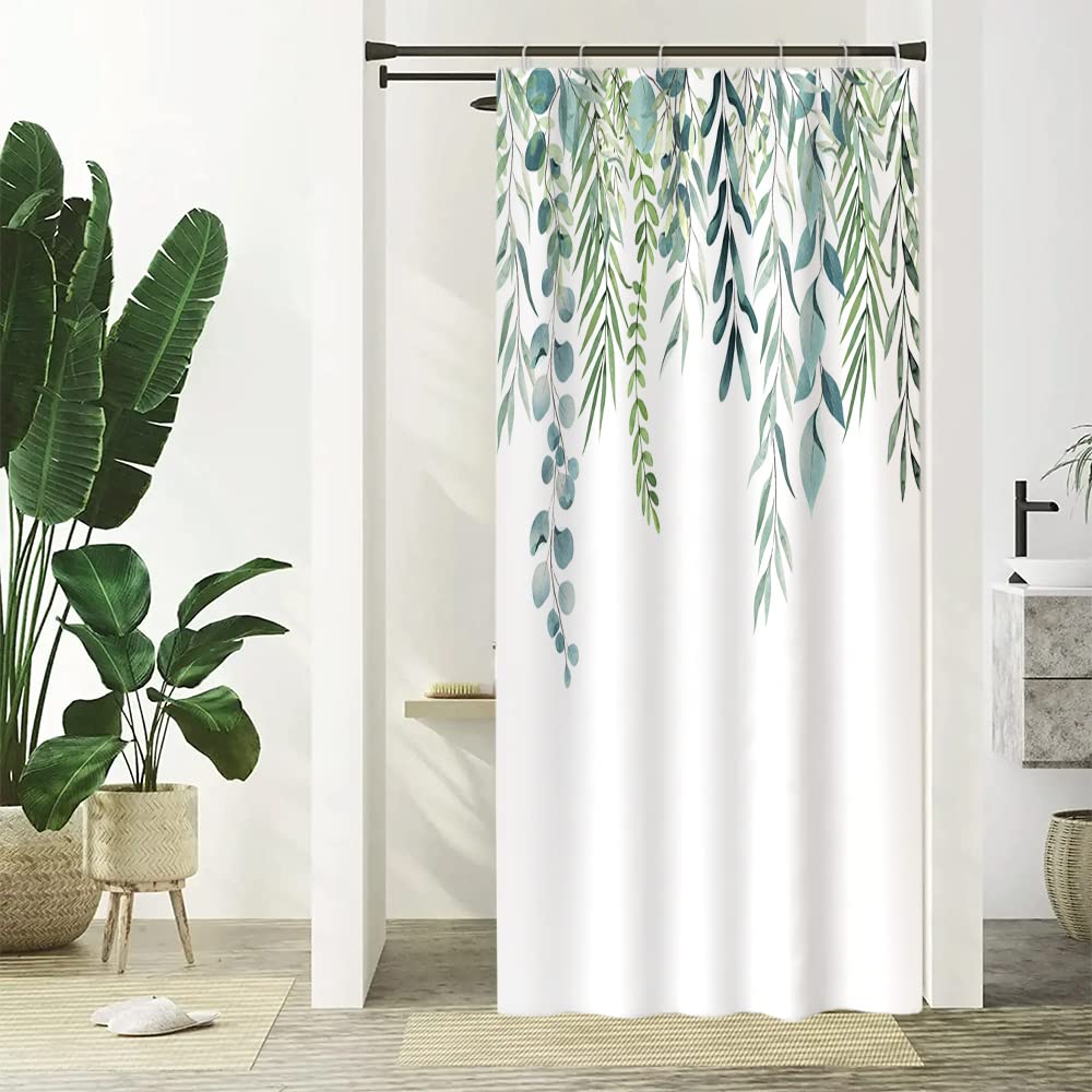 Uiiooazy Duschvorhang 90x180cm Anti Schimmel Blau Grün Eukalyptus Motivo | Duschvorhang Grüne Blätter Pflanzen Textil Wasserdicht Stoff Polyester Waschbar Bad Vorhang mit 6 Haken für Badezimmer