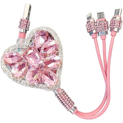 Multi Charging Cable, 3 in 1 Retractable Love Rhinestone Cable, Portable Fast Charging Cord, Universal for Most Cars, Trucks, SUVs (Pink)