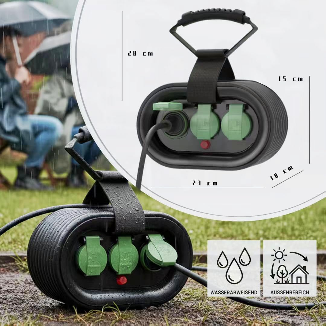 Camping Kabeltrommel 15m IP44 mit GS TÜV | Reset-Knopf, thermischer Überlastschutz, H05RR-F 3G1,5, Outdoor-Kabelrolle, Garten, Baustelle