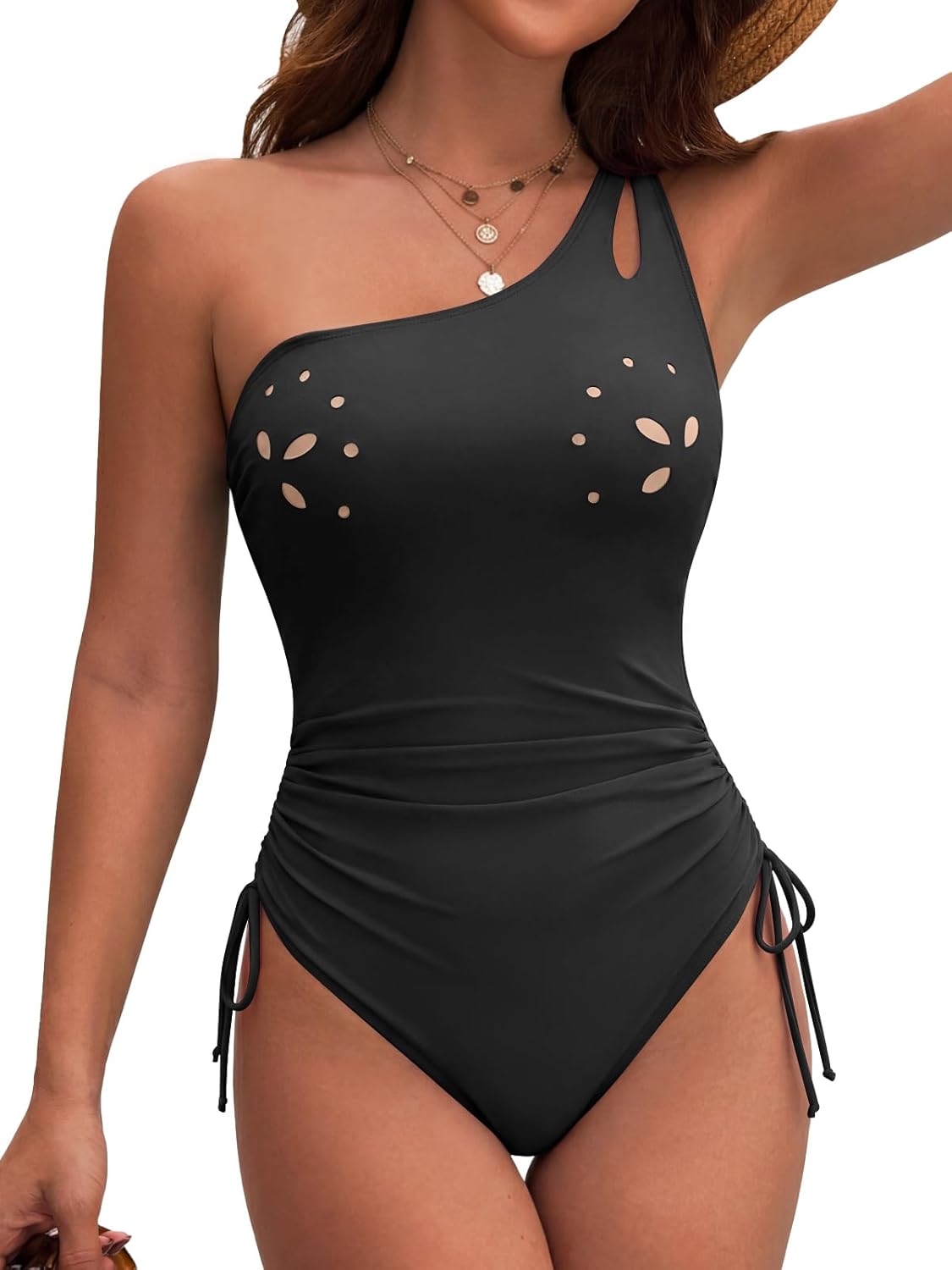 Women One Shoulder One Piece Swimsuit Petal Cutout with Inner Liner Bathing Suit Tummy Control Full Coverage Swimwear