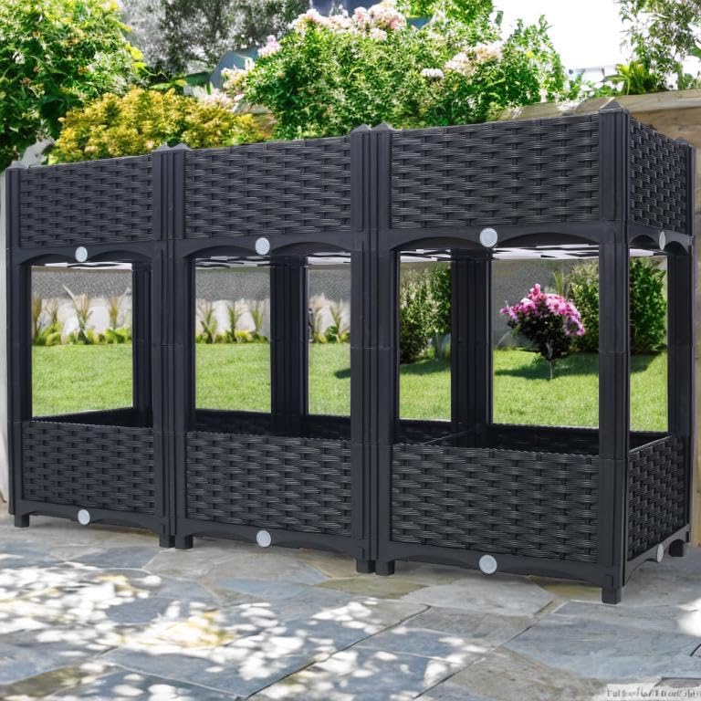 Jardinera elevada modular de exterior con diseño de ratán negro