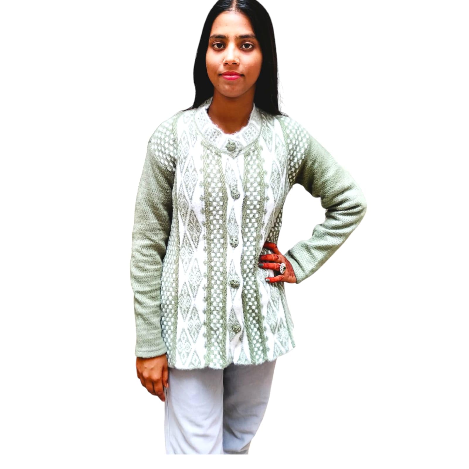 Radha Geometric Pattern Knit Cardigan, Long Sleeve Button Front Sweater, White and Grey-picture-10