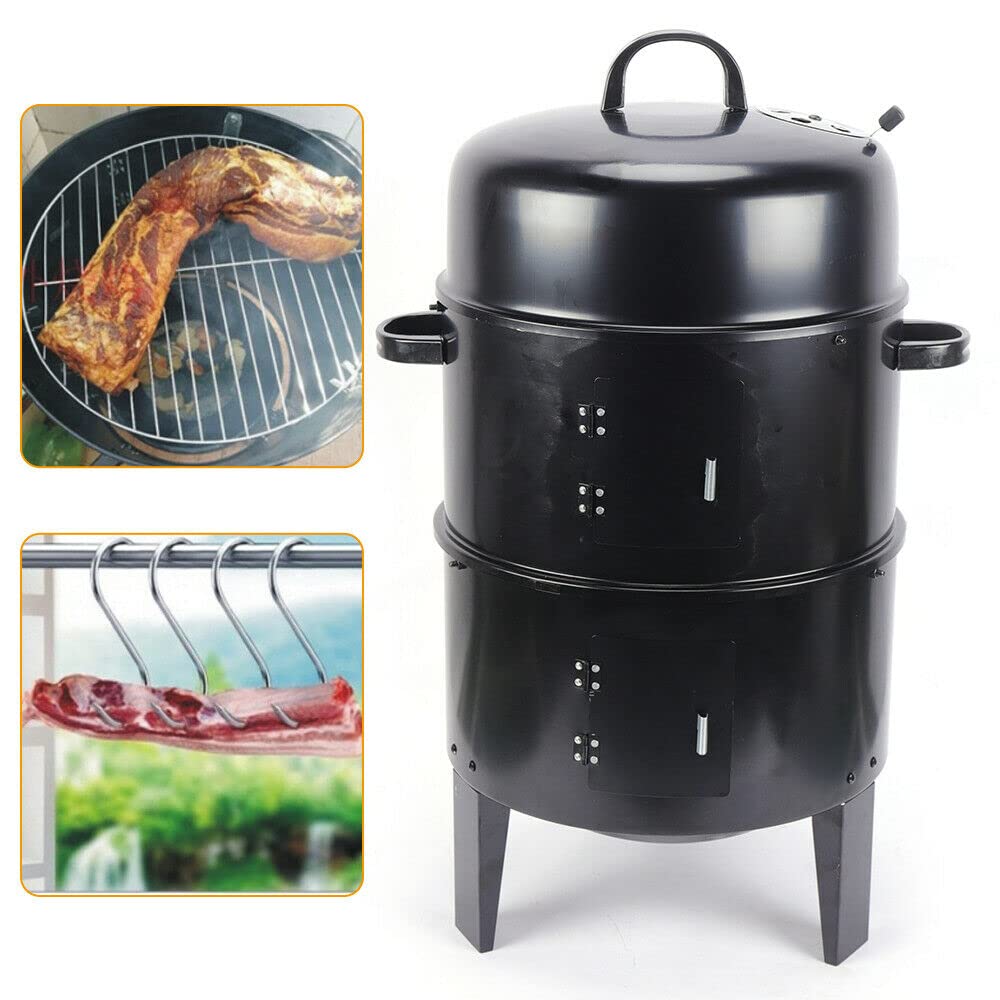 Horno para ahumar 3 en 1, barbacoa de carbón vegetal con termómetro para jardín, camping, cocina y barbacoa