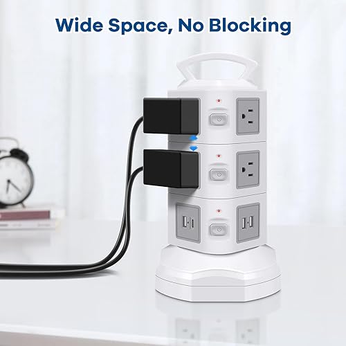 Miniatura 9 de Regleta de alimentación USB C de 10 tomas, protector de sobretensiones de 20 W, cable de extensión retráctil con 4 puertos USB, organizador de