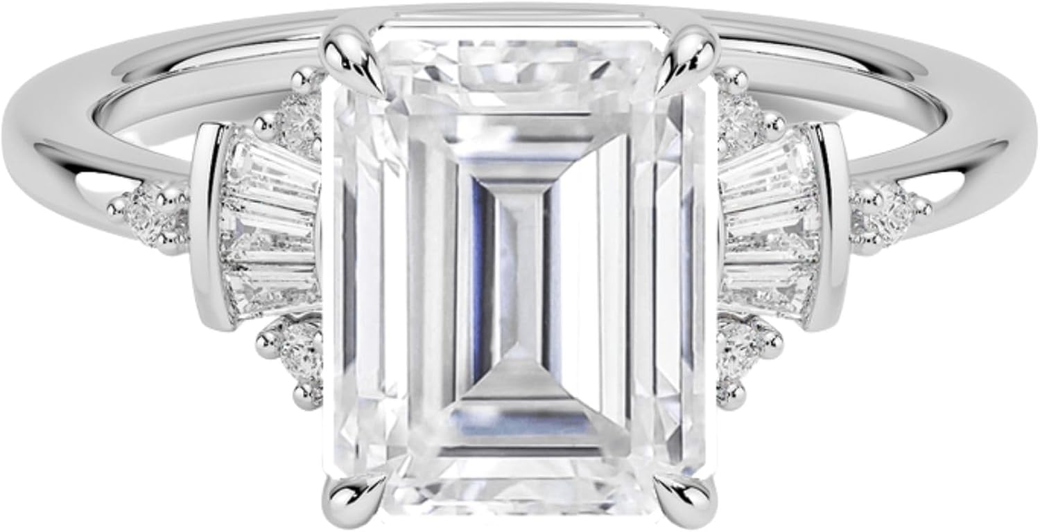 3.00 CT Custom Cut Moissanite Engagement Ring for Women, 925 Sterling Silver or 10K/14K/18K Solid Gold | Baguette & Round Side Accents | Sparkling Bridal, Proposal & Anniversary Ring