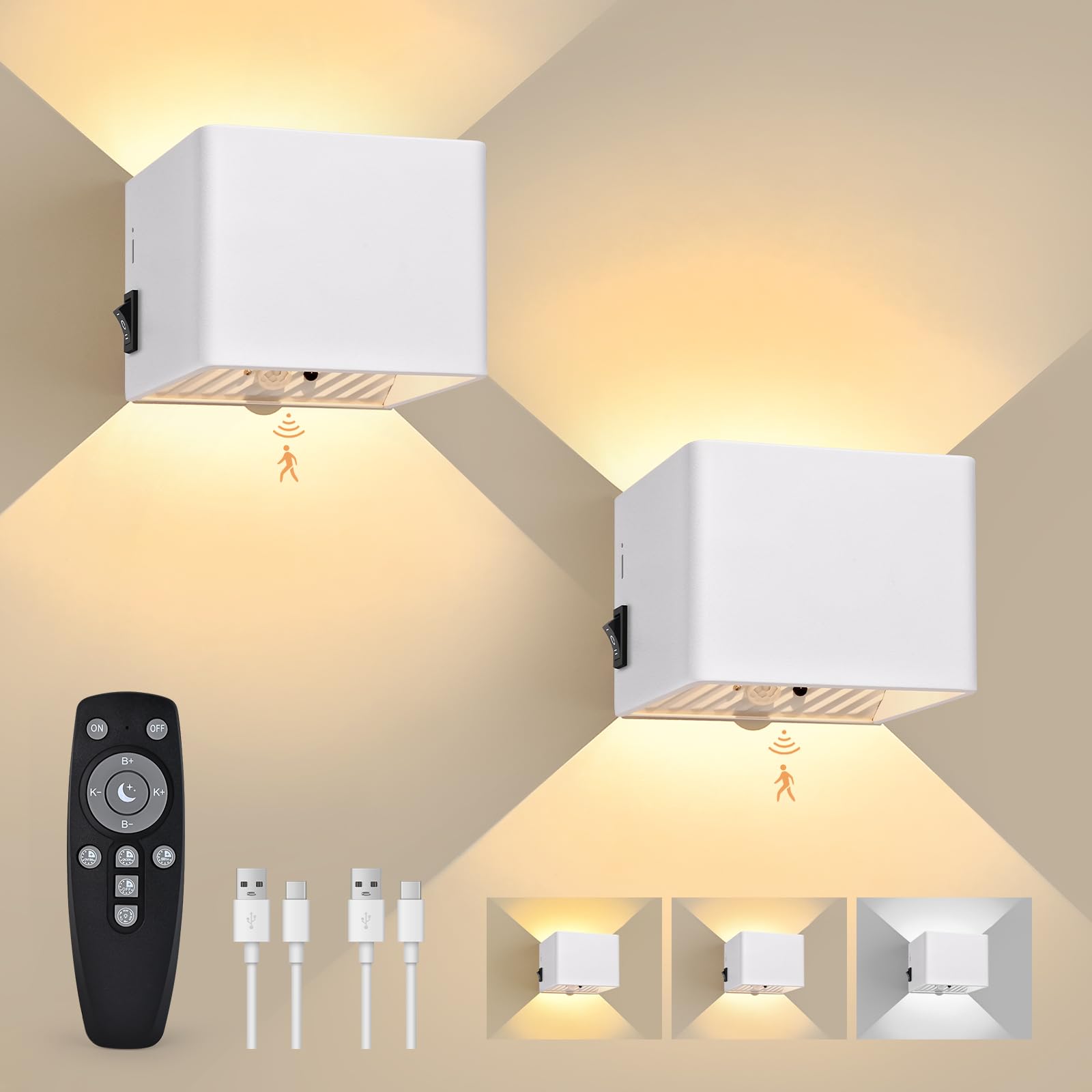 GeyouLux Lámpara de Pared con Sensor de Movimiento y Control Remoto, 3 Colores,luz de Pared Inalámbrica LED,Aplique Pared Interior,Batería Recargable de 6000mAh,Brillo Ajustable,Blanco 2 Piezas