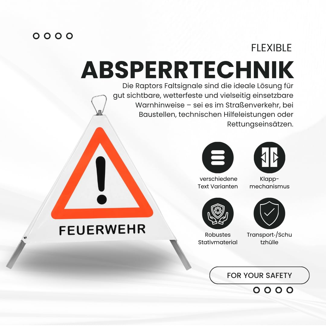 Faltsignal Raptors | Feuerwehr | Warnsignal | Absicherung | Warndreieck | Versch. Texte | Warnpyramide | 700 mm | Faltbar