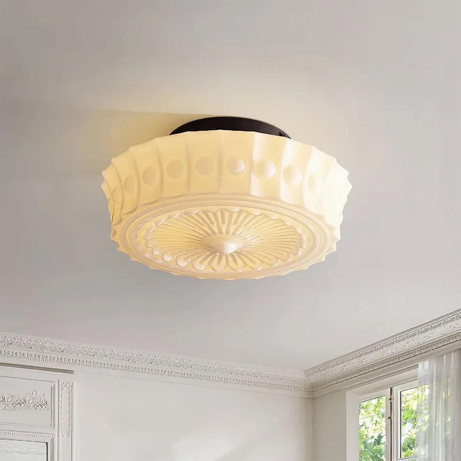 Vintage Flush Mount Ceiling Light, Retro Cream White Glass Ceiling Lamp, Semi-Flush Mount Light Fixture E26 Dimmable for Bedroom, Living Room, Hallway, Entryway, Kitchen (13.7in Cream)
