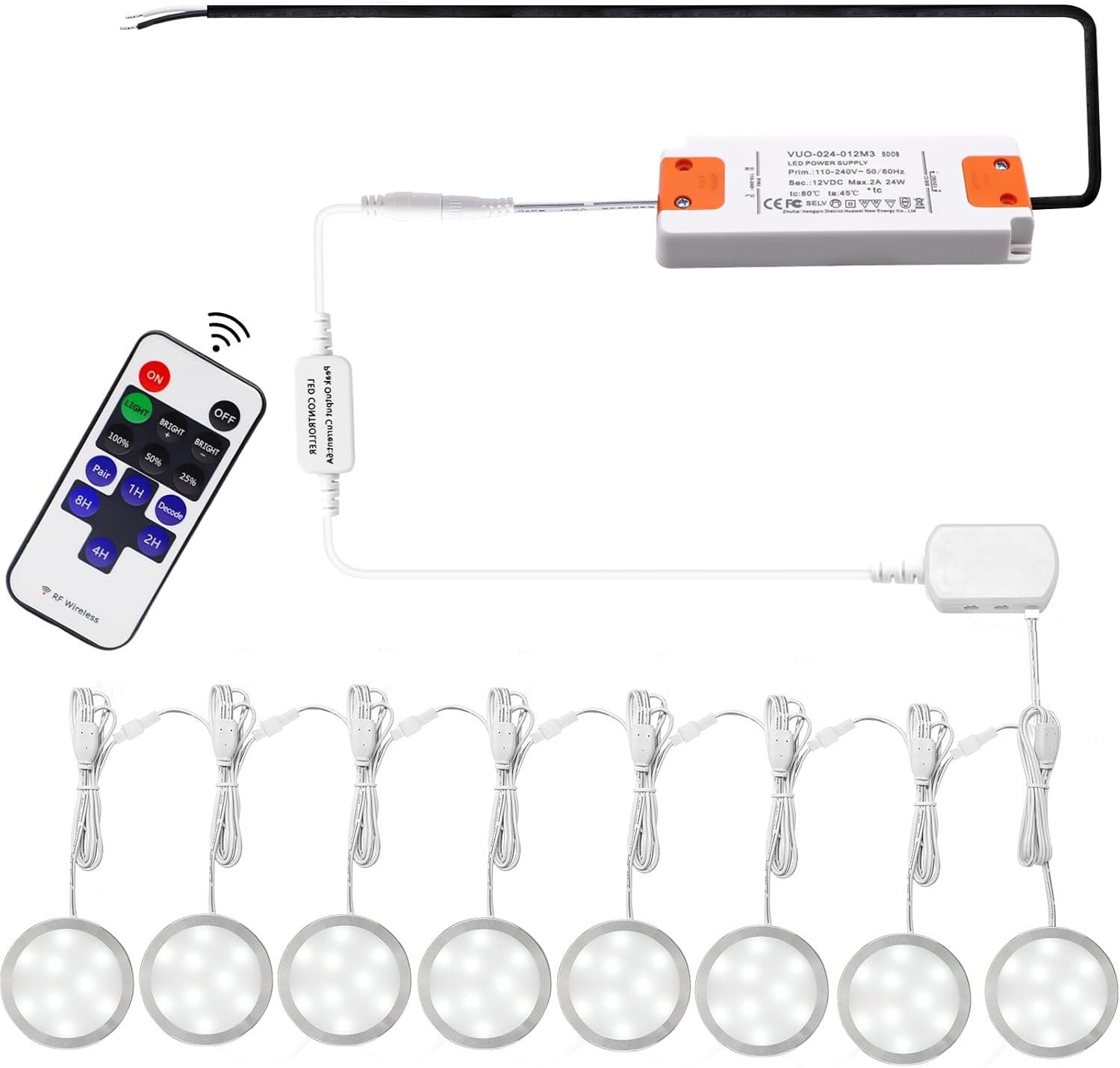 AIBOO Linkable Under Cabinet LED Lighting 12V Dimmable Puck Lights Hardwired with Wireless RF Remote Control for Kitchen Mood Lighting(8 Lights, Warm White, NO Wall Plug)