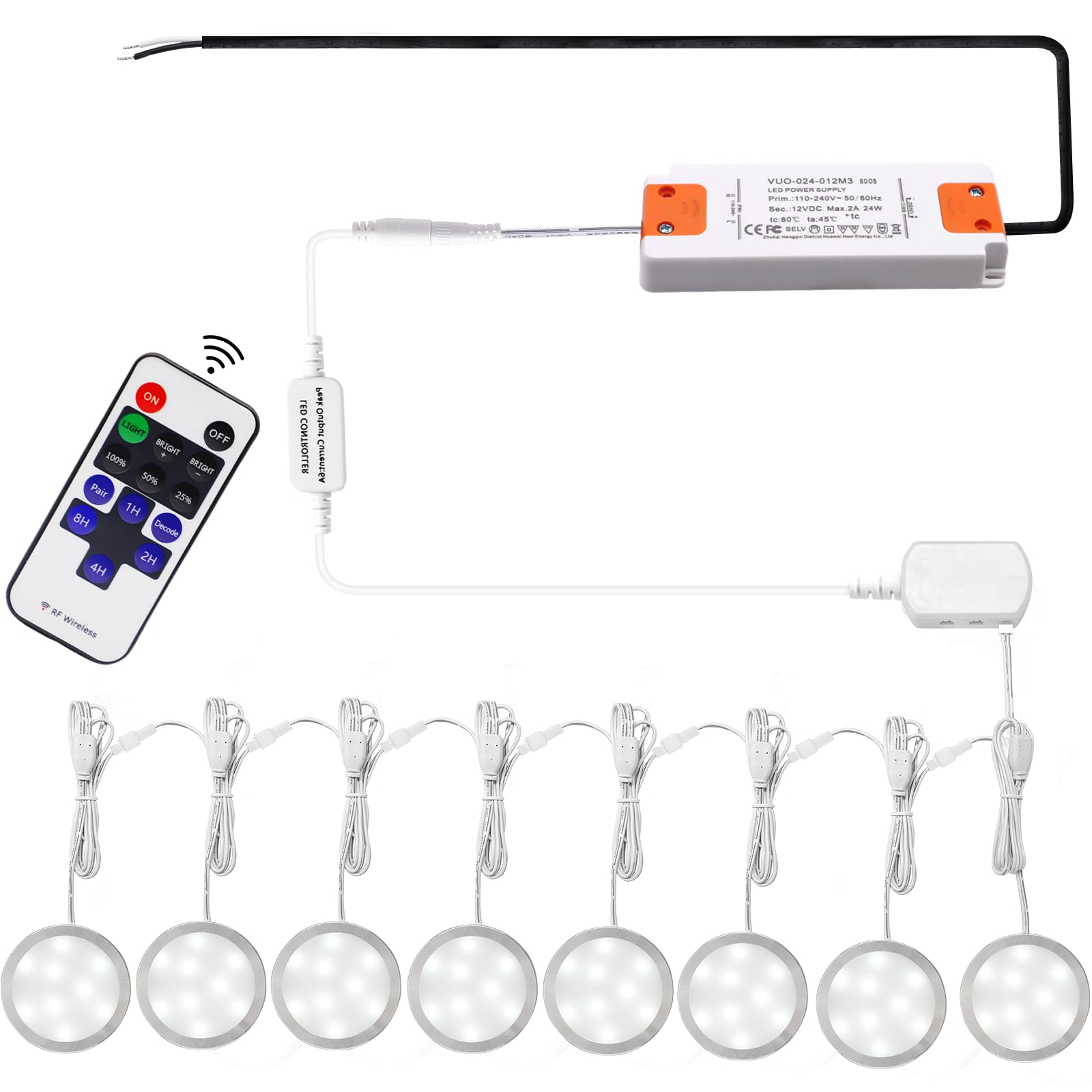 AIBOO Linkable Under Cabinet LED Lighting 12V Dimmable Puck Lights Hardwired with Wireless RF Remote Control for Kitchen Mood Lighting(8 Lights, Daylight White, NO Wall Plug)