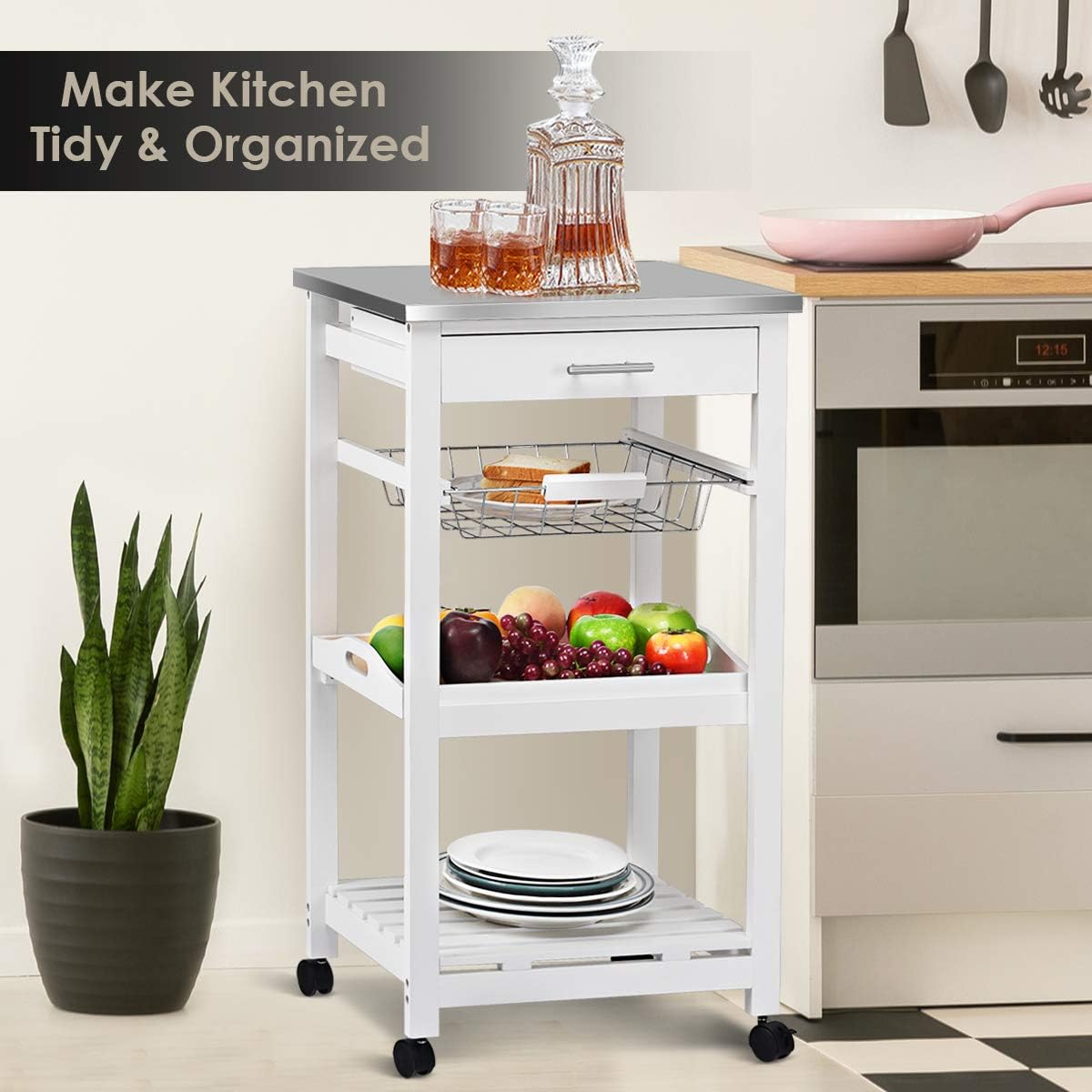 Kitchen Trolley Bamboo Island Home Restaurant Serving Cart Tabletop Drawer Wine Rack Storage Shelf Basket Lockable Wheels, Natural W/Stainless Steel Top