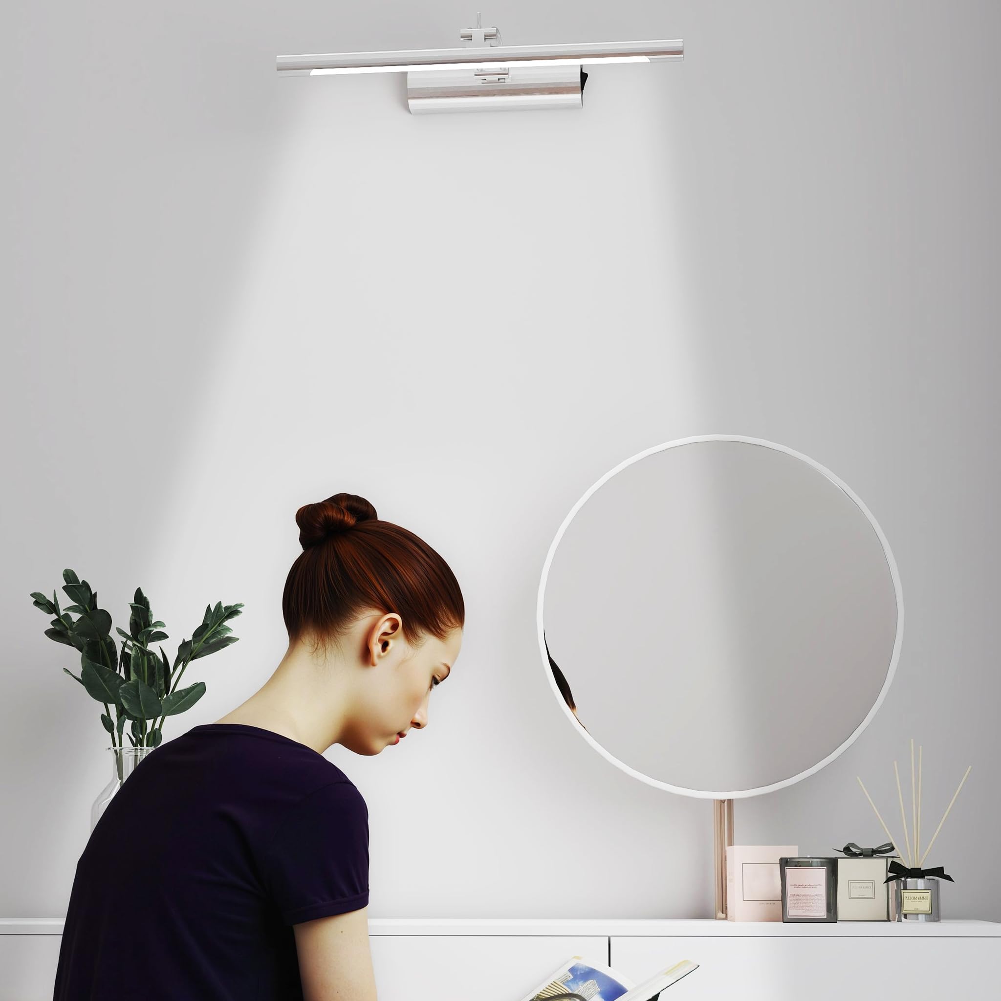 UISEBRT 10W 40cm Lámpara LED para espejo de baño, tubo fluorescente ajustable 180°, base con interruptor, plata Lámpara de baño para iluminación de pared y espejo, tipo C luz blanca fría