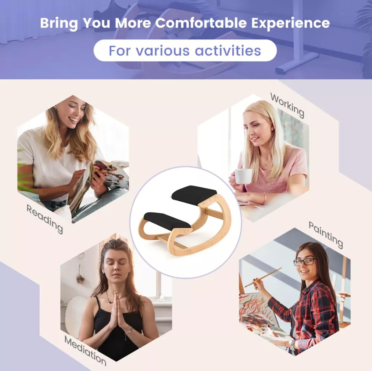 Ergonomic Kneeling Chair, Upper Mid Lower Back Posture Correction for Desk with Cushion, Solid Wood Frame, Max Load 324 Lbs, Comfortable Ergo Rocking Kneel Chair for Office Home Study (Black)