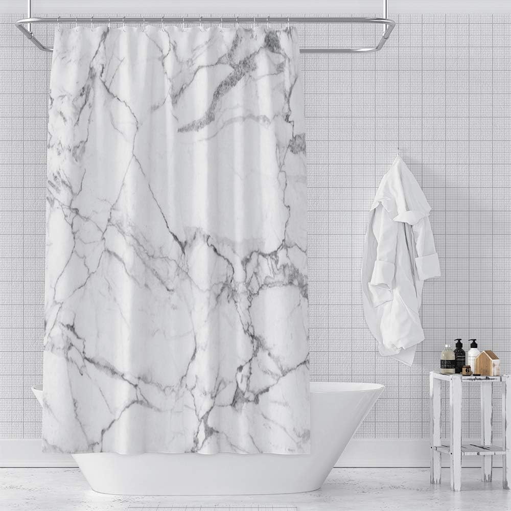 OERJU Casual Shower Curtain White Marbling Bath Curtain Modern Waterproof Polyester Fabric Bathroom Decor Set with Hooks 72x96inch