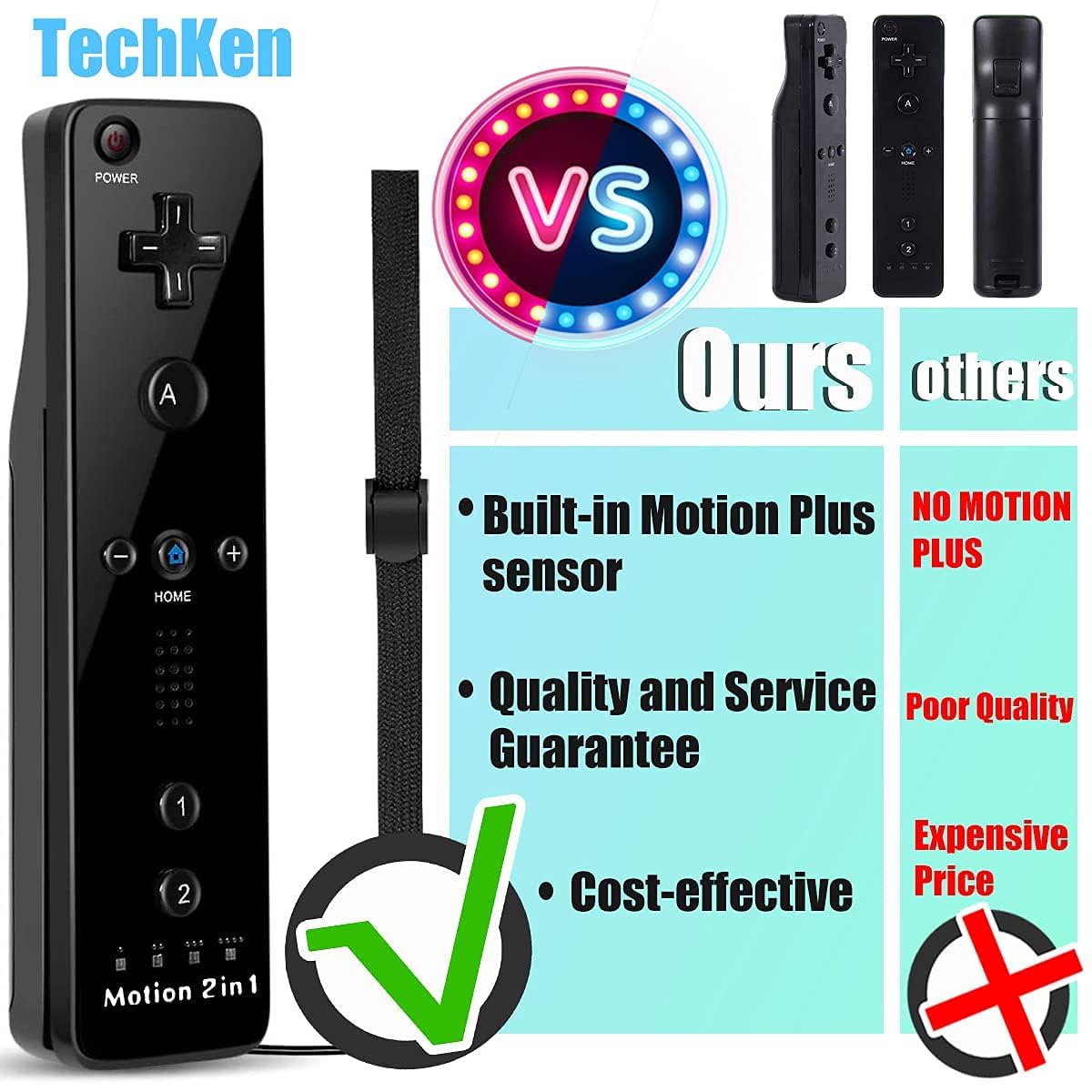 TechKen 2 Pièce Manette Linker Wii avec Motion Plus,Contrôleur Wii Télécommande Controller Wii Remote Motion Plus Intégré avec Étui en Silicone Dragonne pour Wii