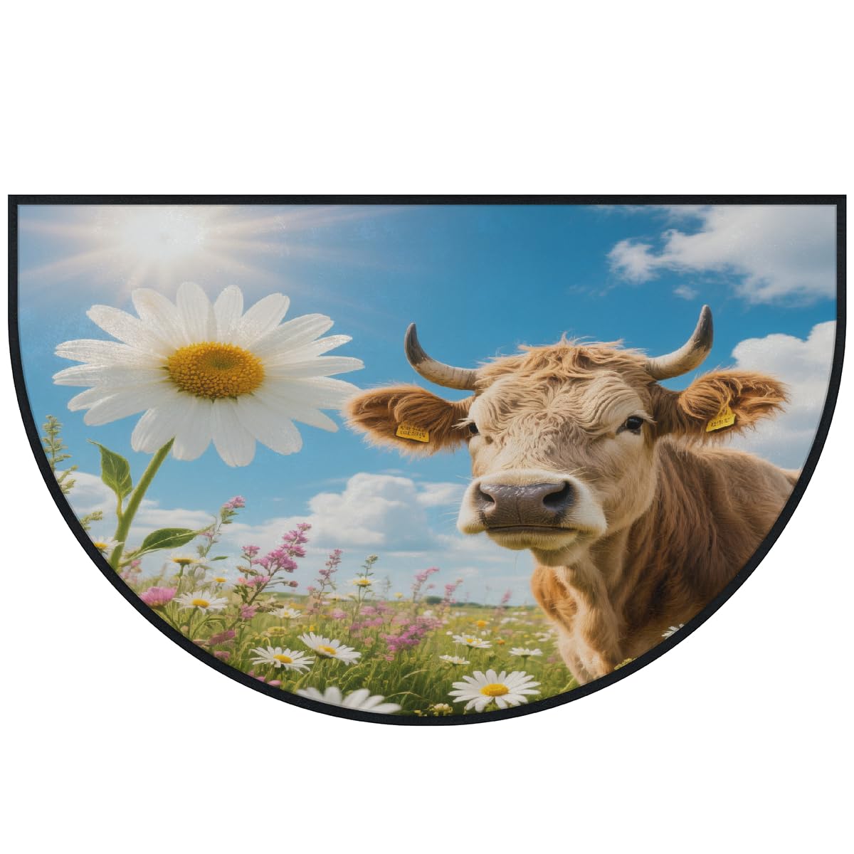 Große halbrunde Fußmatte – Brauner Kuh-Blumenmuster, waschbar, rutschfest, halbrund, Eingangsbereich, Teppich, niedlich, weich, halbrund, saugfähig, Teppich für Küche, Badezimmer, Schlafzimmer