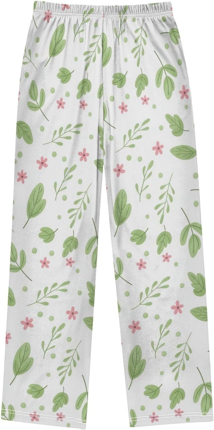 Green Leaves White Pajama Pants, Soft Modal Blend Elastic Waist, Cozy Lounge Sleepwear
