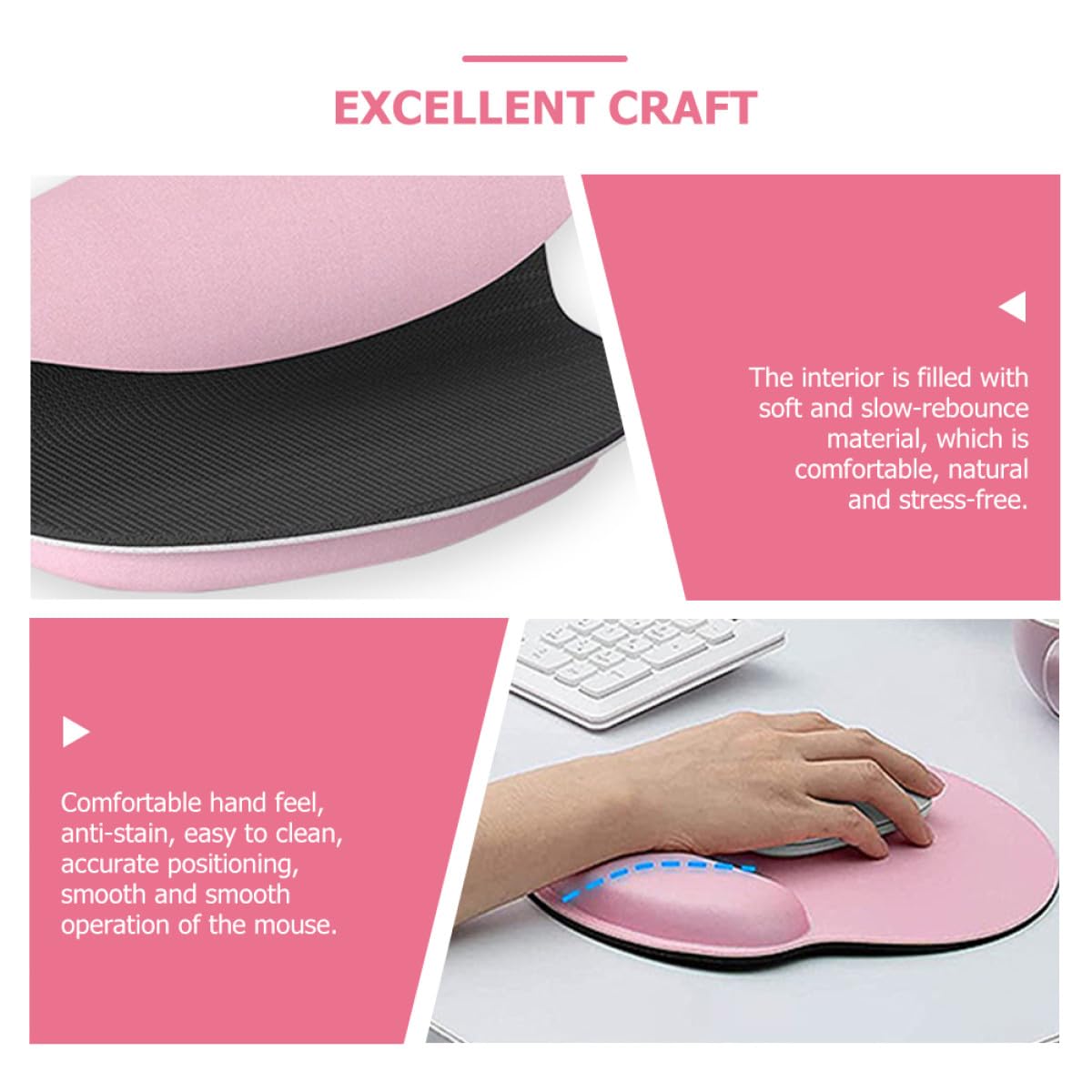 Mauspad 3-in-1 Satz mit Memory Schaum und Gummi, Rosa | Ergonomische Bogenform, Rutschfeste Unterseite, Präzise Positionierung für Laptop, Lernen und Lange Nutzung