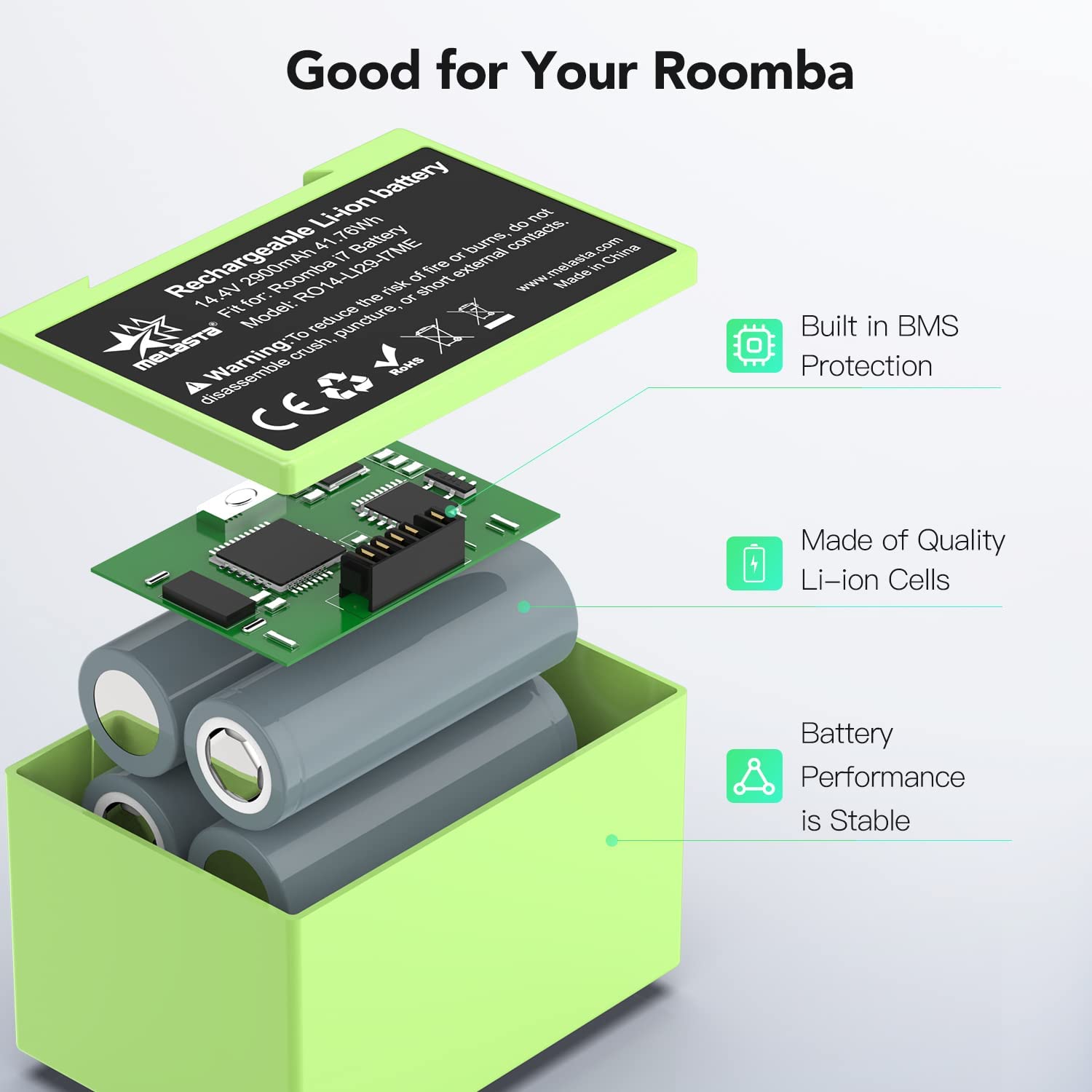 melasta ABL-D1 14,4V 2900mAh Capacità Reale Li-ion Batteria di Ricambio per iRobot Roomba i8/i8+ i7/i7+ i4/i4+ i3/i3+ e5 e6 4624864 7150 7550 i7158 i7550 i755020 Batteria di Ricambio