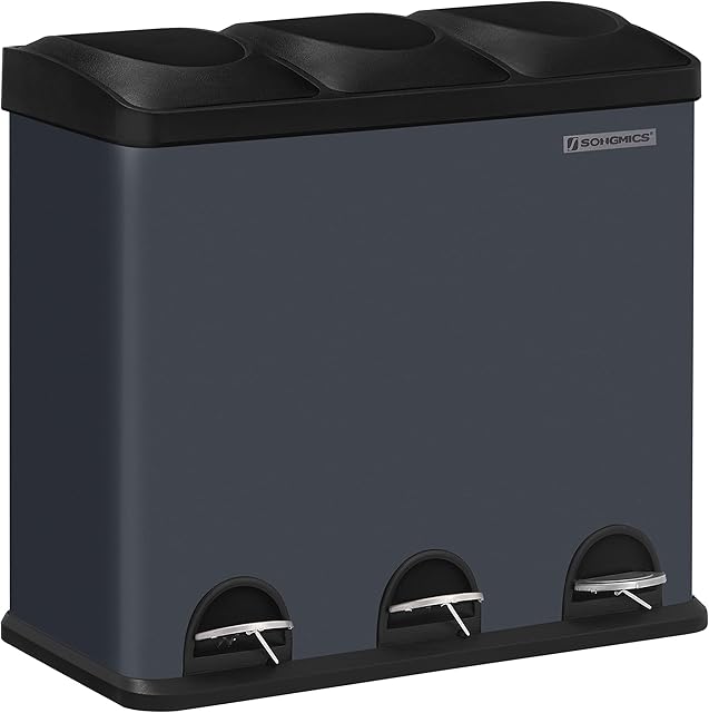SONGMICS 54L Recycling Bin, Rubbish Bin, Steel Pedal Bin with 3 Sections, Inner Buckets, 6 Sorting Labels, for Easy Waste Separation, Grey and Black LTB54G 60,4 x 30 x 56,3 cm (L x B x H)