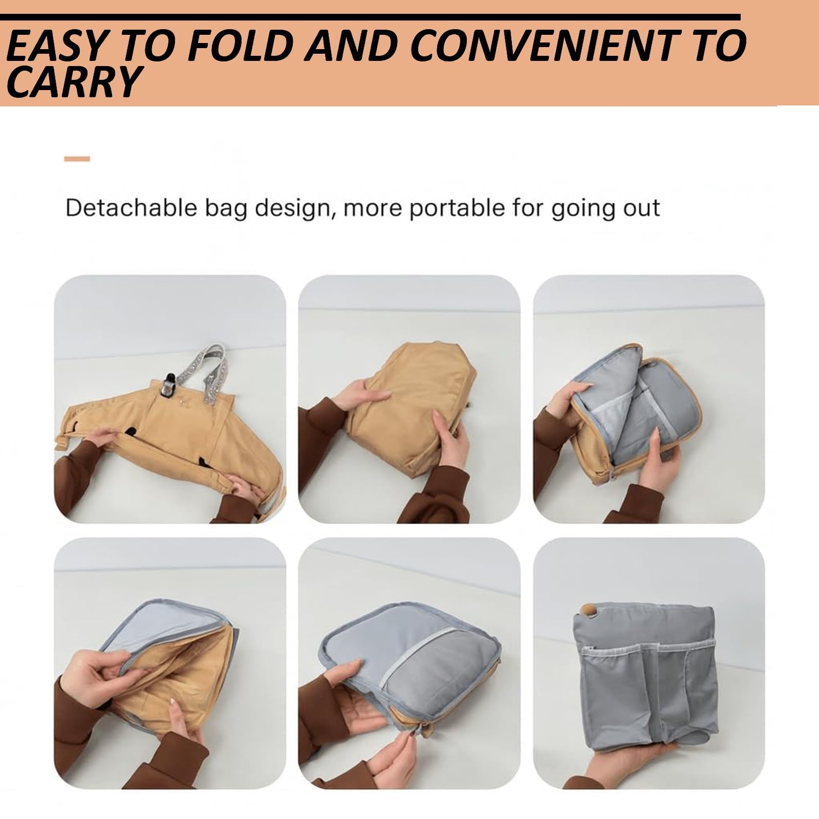 Borsone da Viaggio Pieghevole, Borsa da Viaggio Trasformabile Cradle Bag, Grande Capacità, Borsa Shopping Pieghevole in Nylon Leggera con 15 Tasche (Beige)