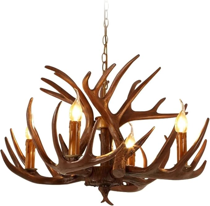 KLUFO Kroonluchter van gewei, bruine vintage lamp van gewei met 4 lampen, rustieke kroonluchter van gewei, geschikt voor eetkamer, keuken, bar
