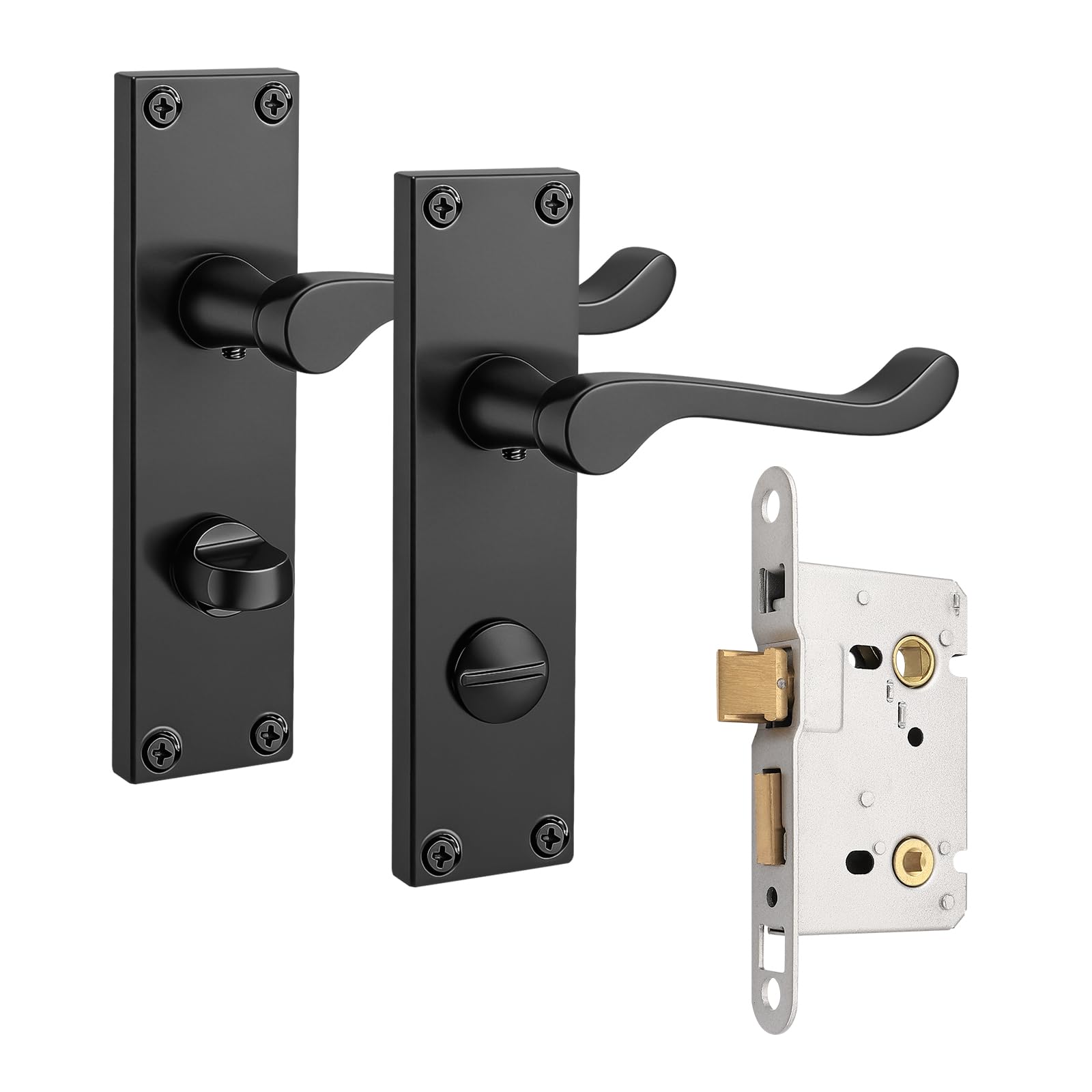 Pinlin Bathroom Matte Black Door Handles, Elegant Door Handle Set, Victorian Scroll Door Lever with 45mm Sashlock Latch, Ideal for Internal Wooden Bathroom and Toilet Doors