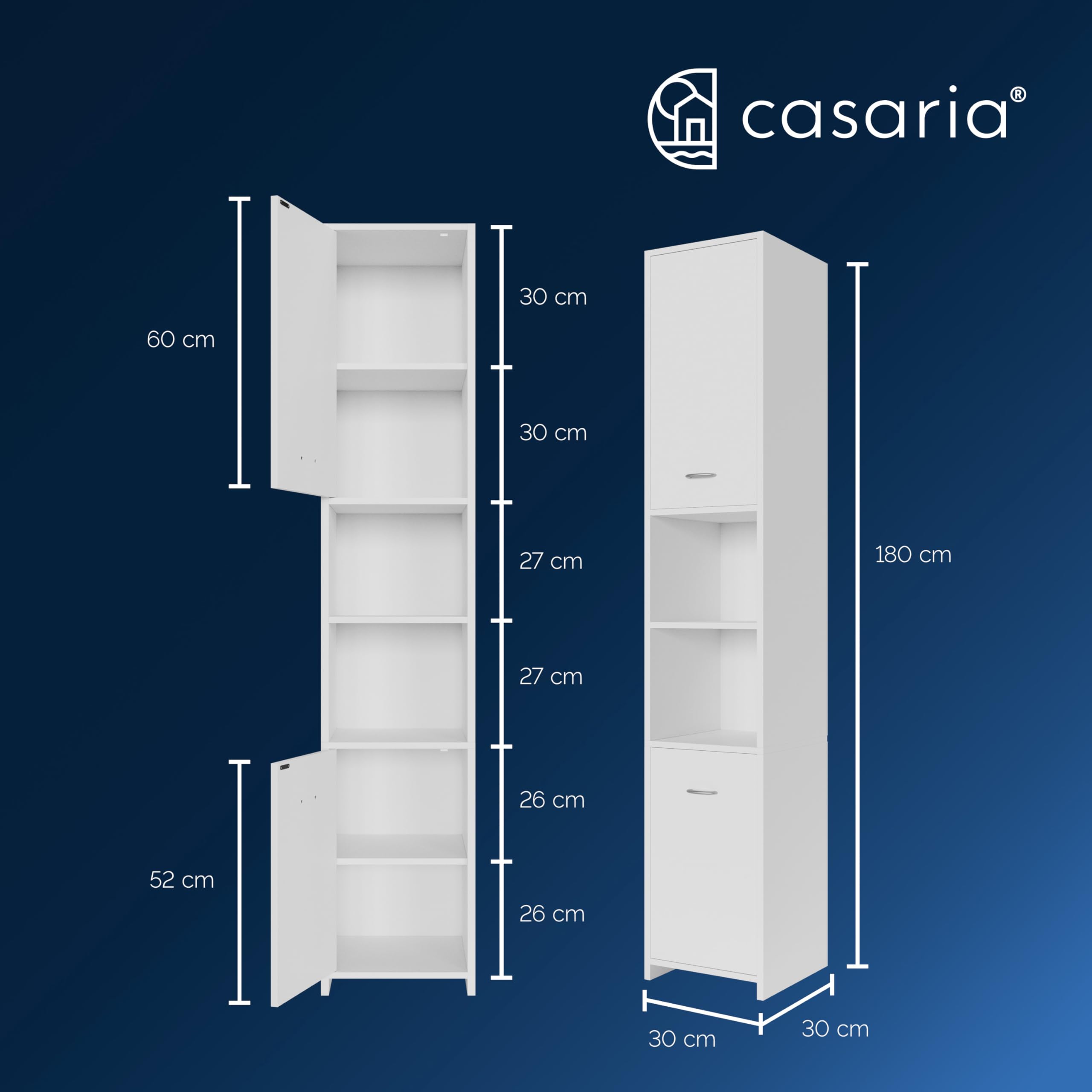 CASARIA® Armario de Baño Alto Estrecho de 180cm, 30 cm Ancho, Mueble, Columna de baño, Estantería Almacenaje, 6 Baldas Ajustables, 2 Puertas, Armarios Multiusos, Fondo 30cm, Blanco