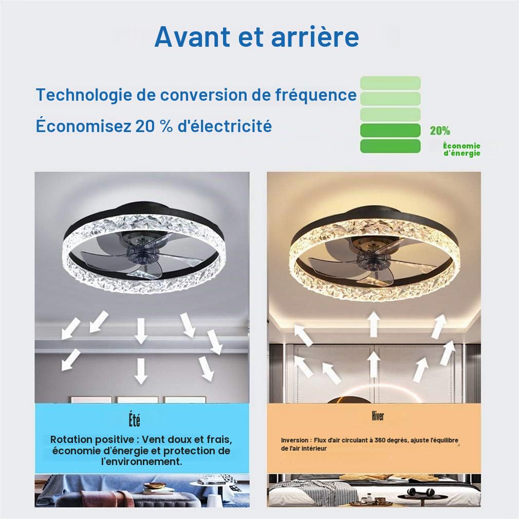 Plafonnier en cristal K9 avec télécommande à intensité variable, ultra fin 16,5 cm, ventilateur pour salon et chambre à coucher, ventilateur réversible, doré
